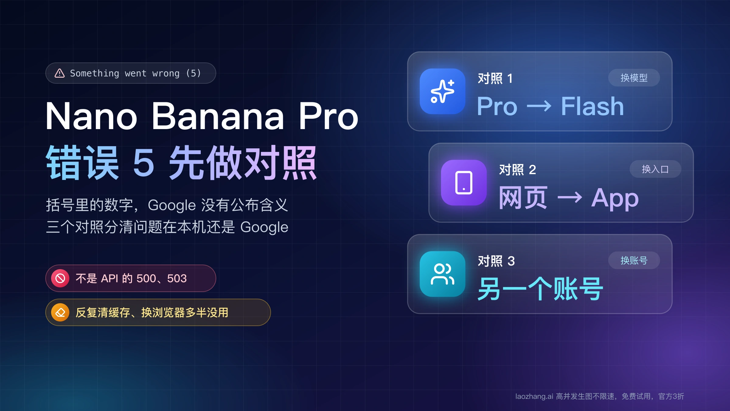 Nano Banana Pro 错误 5 封面:换模型、换入口、换账号三个对照,用来分清问题在本机还是 Google