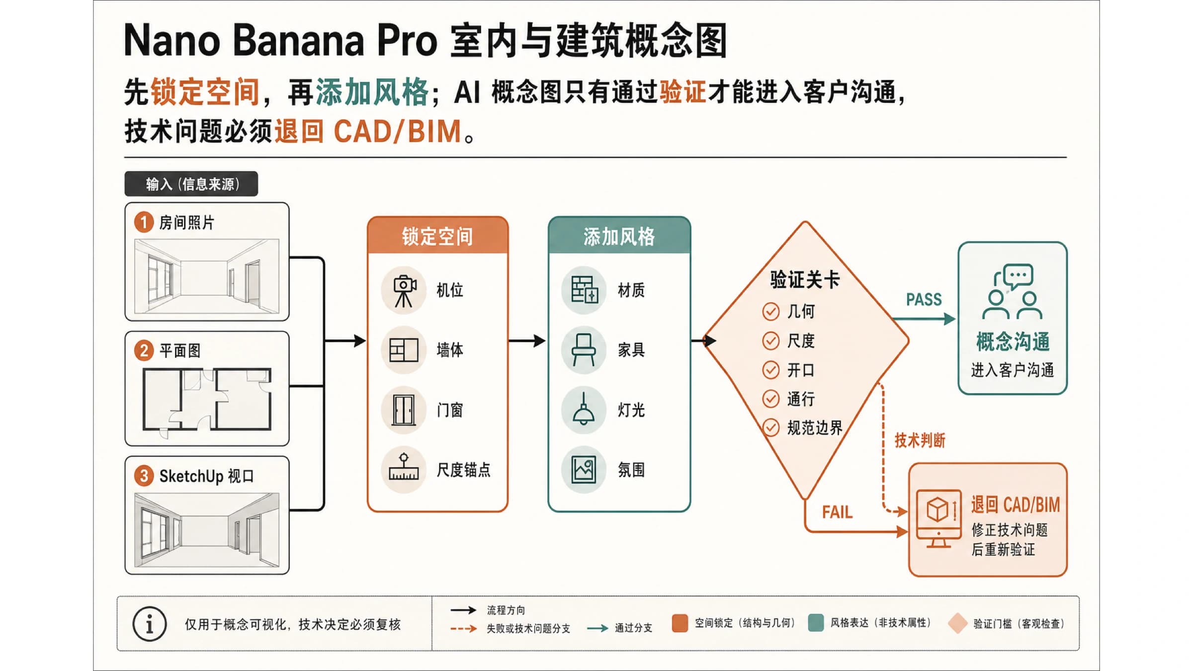 Nano Banana Pro 室内与建筑概念图工作流,从原始输入经过空间锁定和风格变化,再由验收关卡分流到概念沟通或 CAD BIM