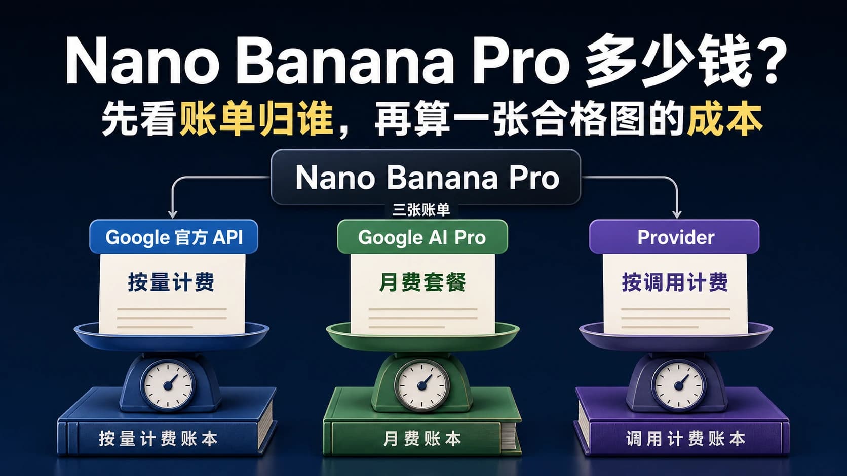 Nano Banana Pro 名称下分开的 Google API、Google AI Pro 和第三方调用三张账单