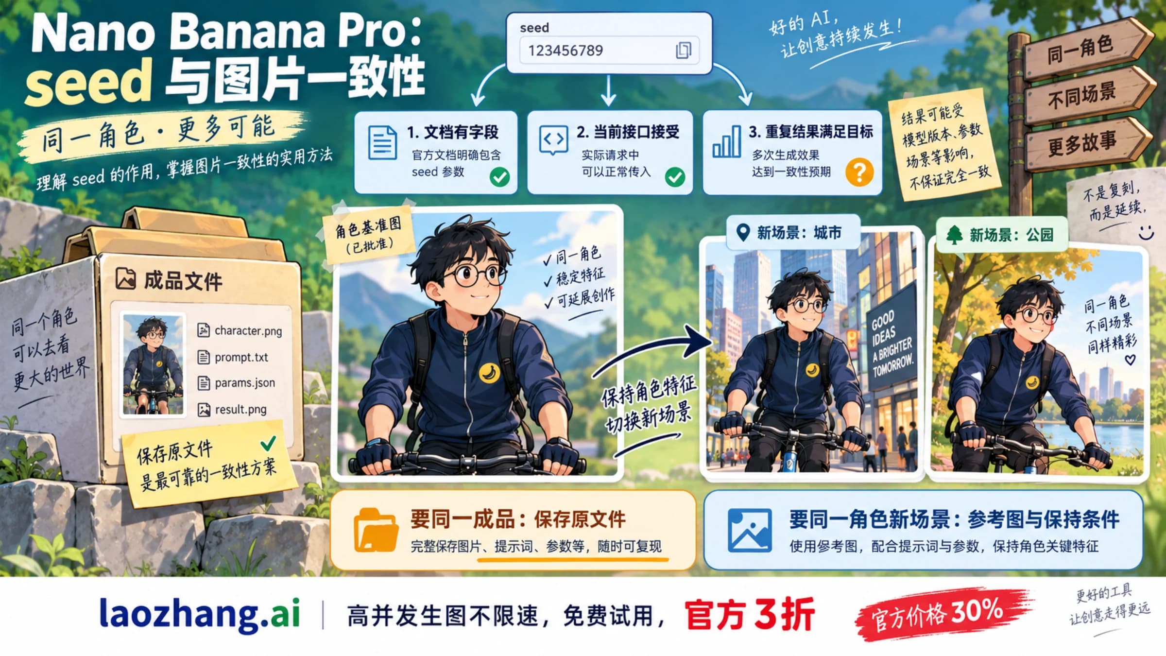 seed 字段、接口接受与实际重复结果的区别,以及成品保存和角色参考的示意