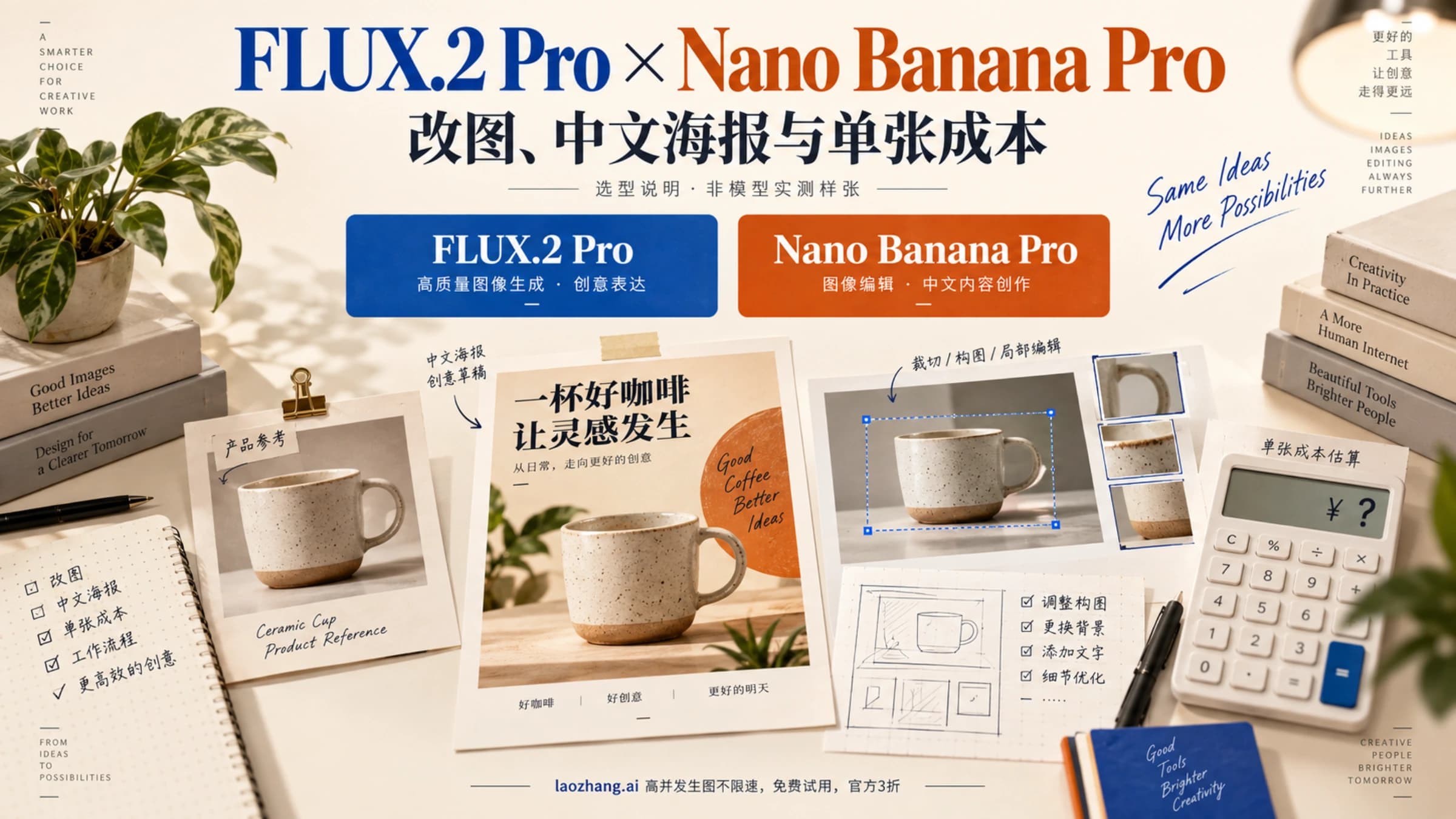 FLUX.2 Pro 与 Nano Banana Pro 选型封面,以商品参考图、中文海报和成本计算说明比较任务