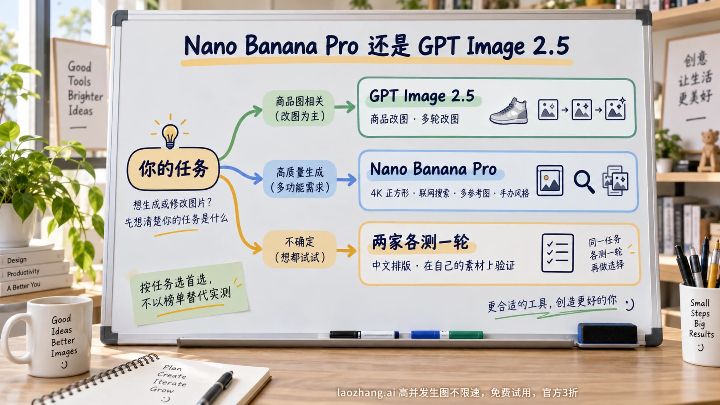 桌面白板上的决策分支图:从你的任务出发分流到 GPT Image 2.5、Nano Banana Pro 与两家各测一轮三个去向,标注商品改图、多轮改图、4K、联网搜索等任务