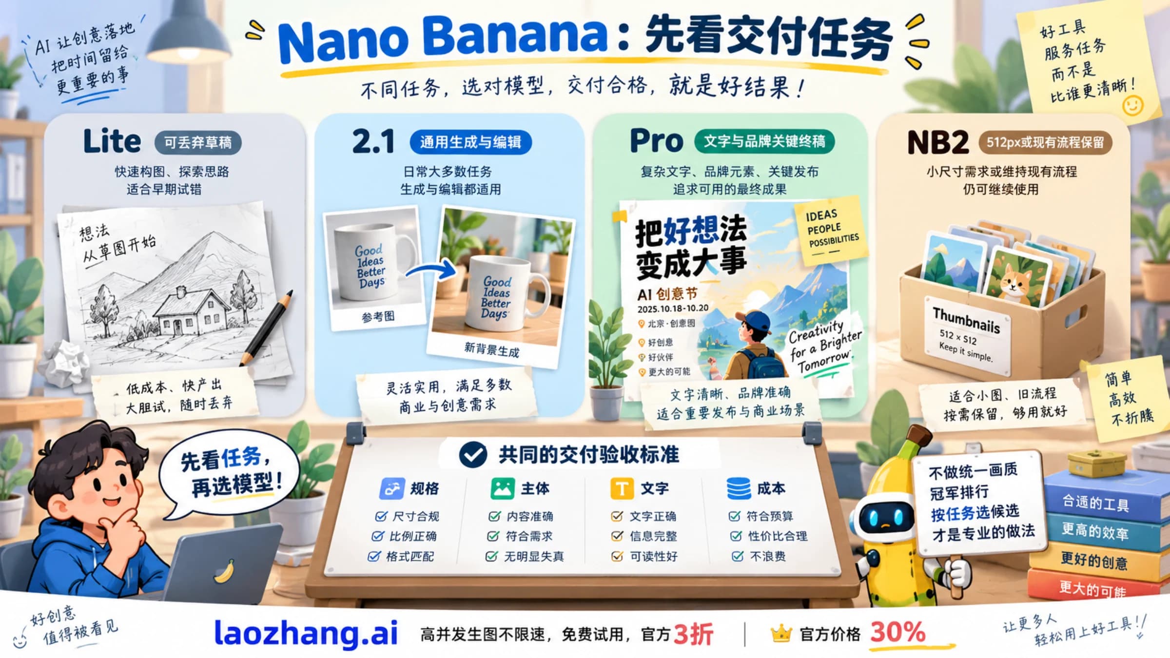 Lite 草稿、2.1 通用编辑、Pro 文字品牌与 NB2 保留流程的任务选择示意