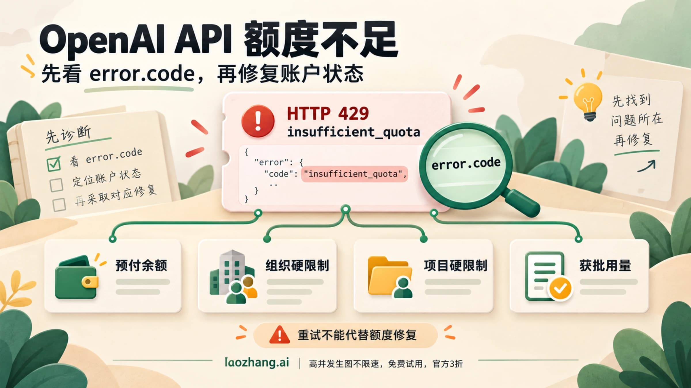 OpenAI API quota exceeded 排查示意,围绕计费额度、项目归属与恢复请求组织检查。