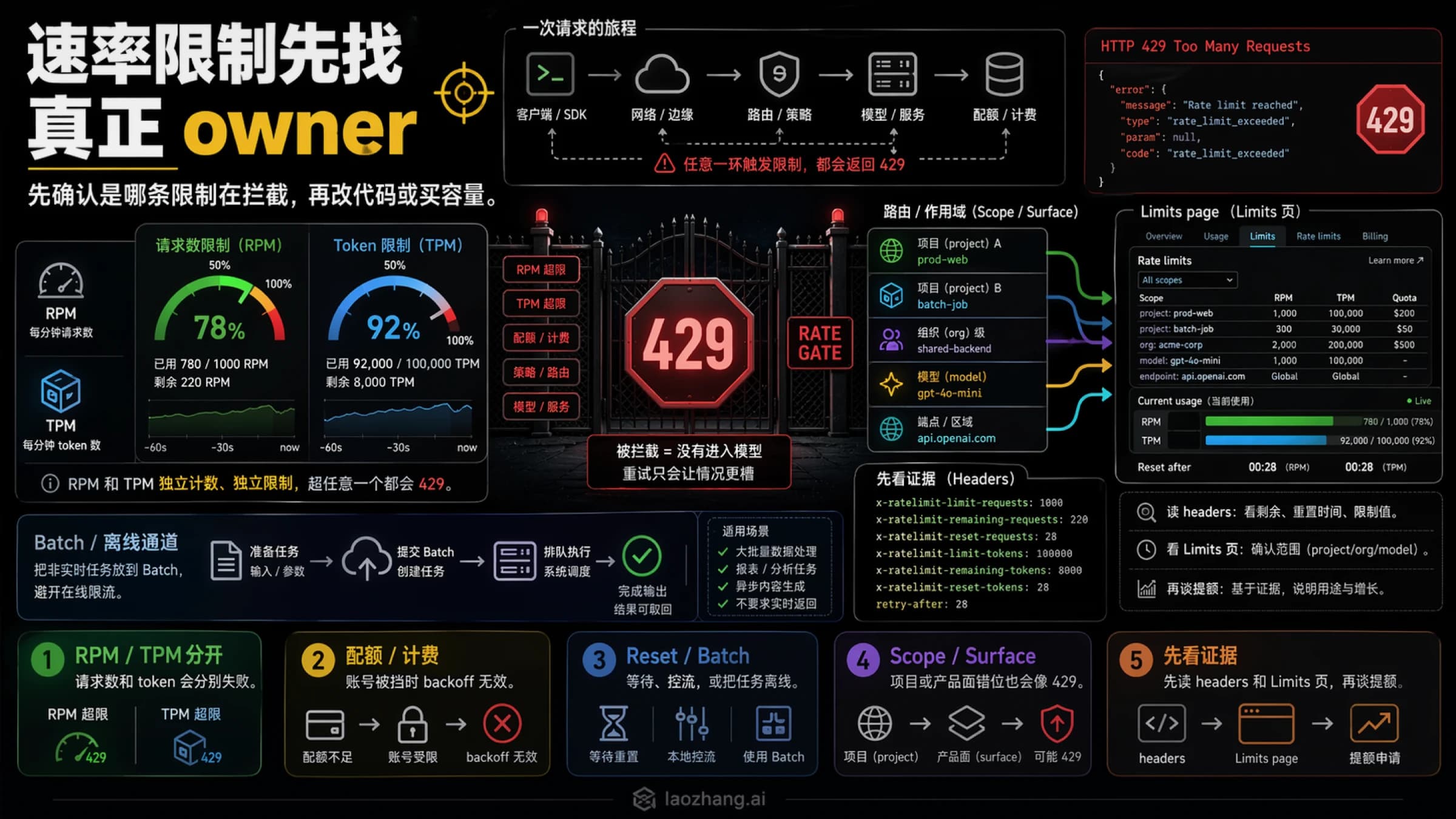 OpenAI API 429 路线图:从请求、token、quota、scope、reset 和 Batch 分流定位问题