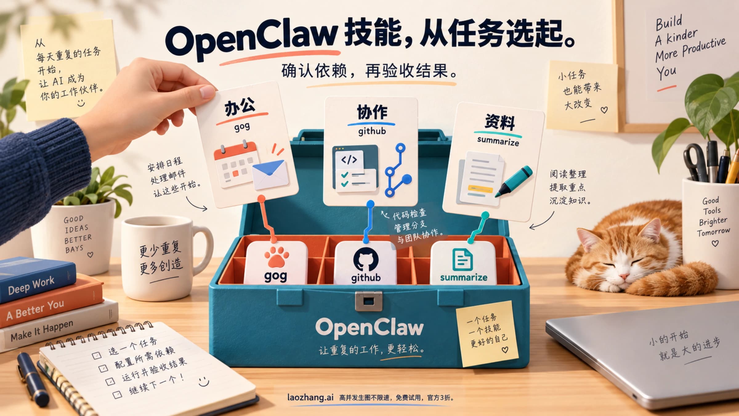 从办公、GitHub 协作和资料整理任务选择 OpenClaw 技能的工具箱示意