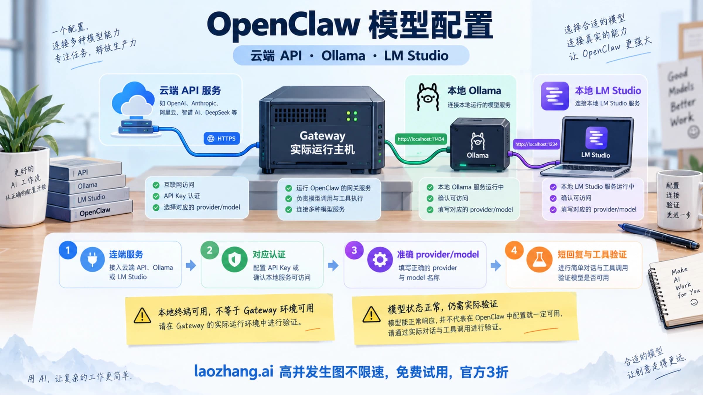 OpenClaw 在实际 Gateway 主机连接云端 API、Ollama 和 LM Studio