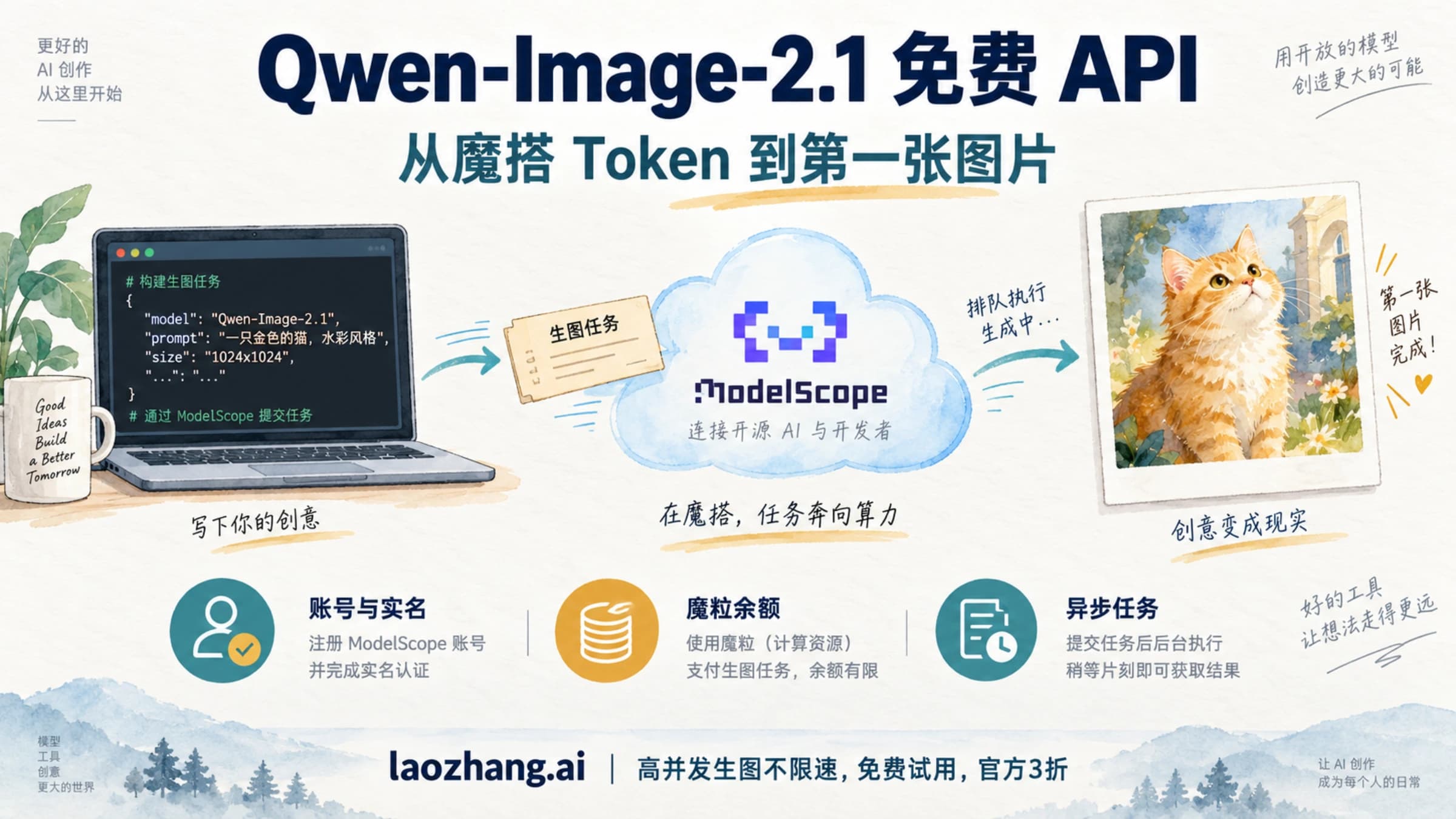 Qwen-Image-2.1 通过魔搭 API 从程序提交任务到生成图片的概念示意