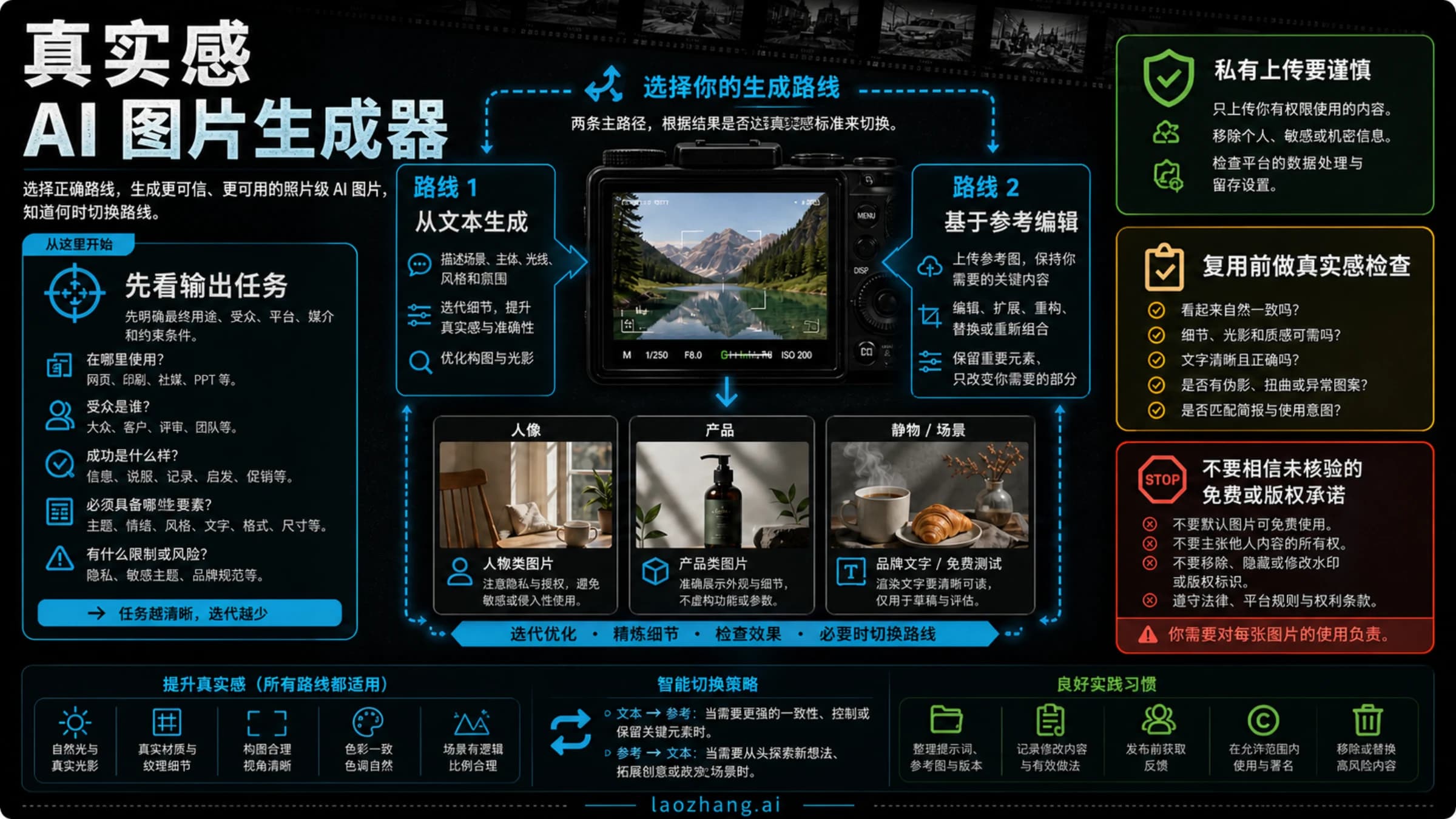 真实感 AI 图片生成路线板,覆盖照片任务、隐私、写实质检和停止规则