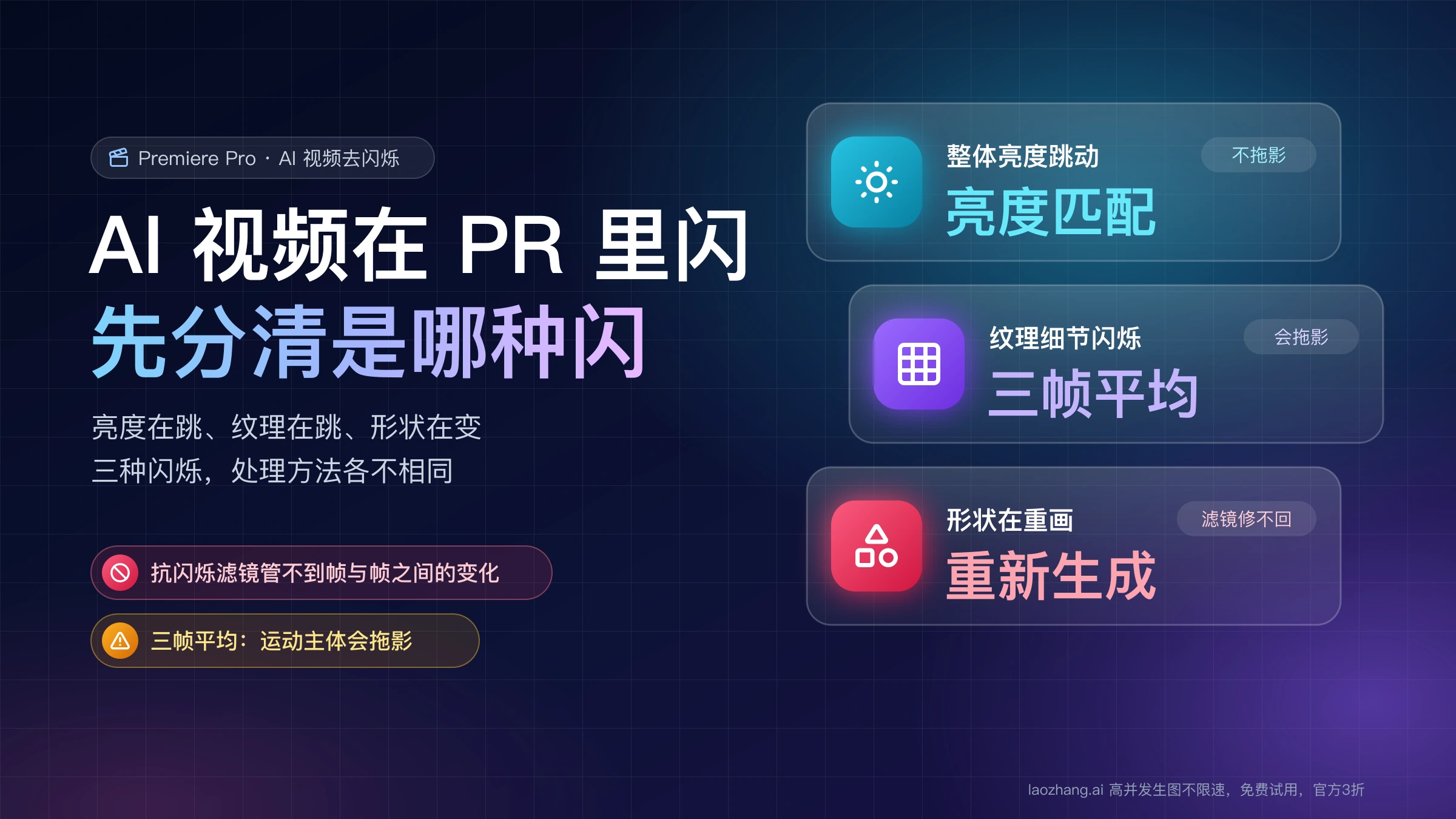 AI 视频在 PR 里闪烁先分清类型:整体亮度跳动用亮度匹配,纹理细节闪烁用三帧平均,形状在重画就重新生成