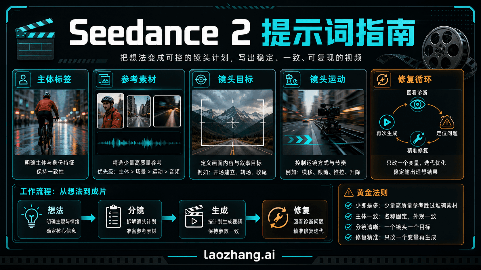 Seedance 2 提示词指南封面,展示主体标签、参考素材、镜头目标和修复循环