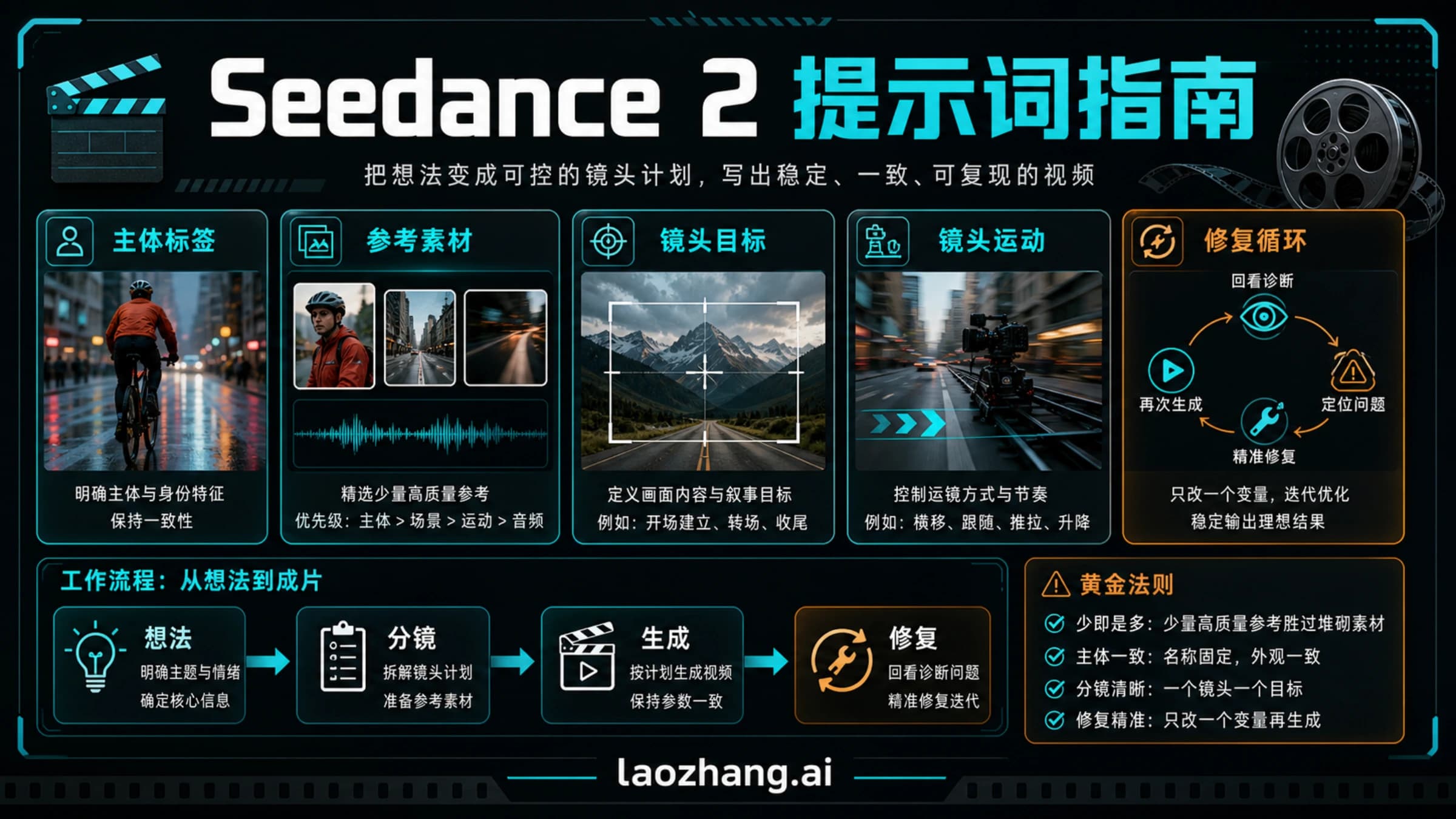 Seedance 2 提示词指南,展示主体、素材、镜头目标、运镜和修复流程