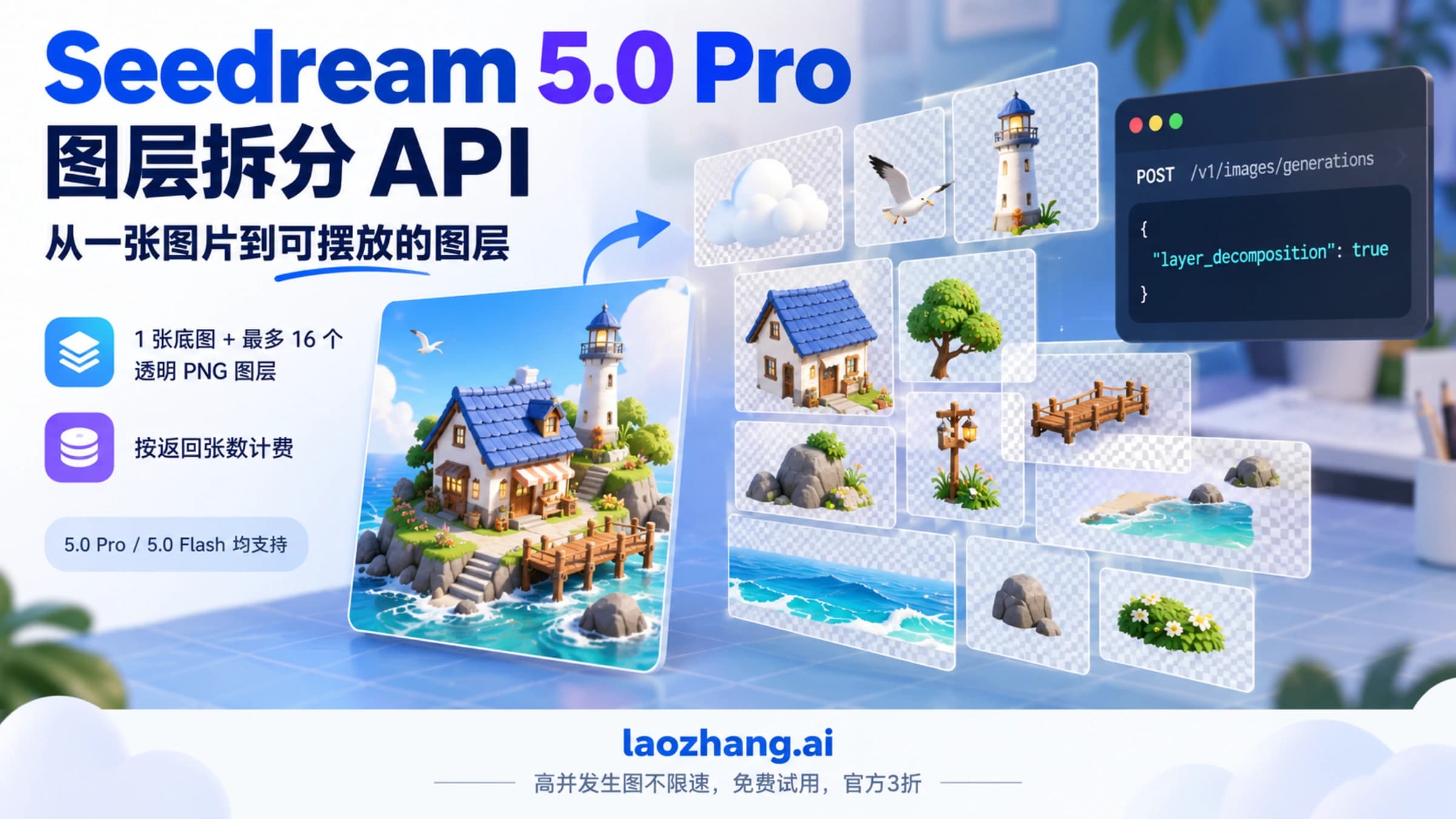 Seedream 5.0 Pro 和 Flash 从一张图片拆出底图与透明 PNG 图层的概念示意