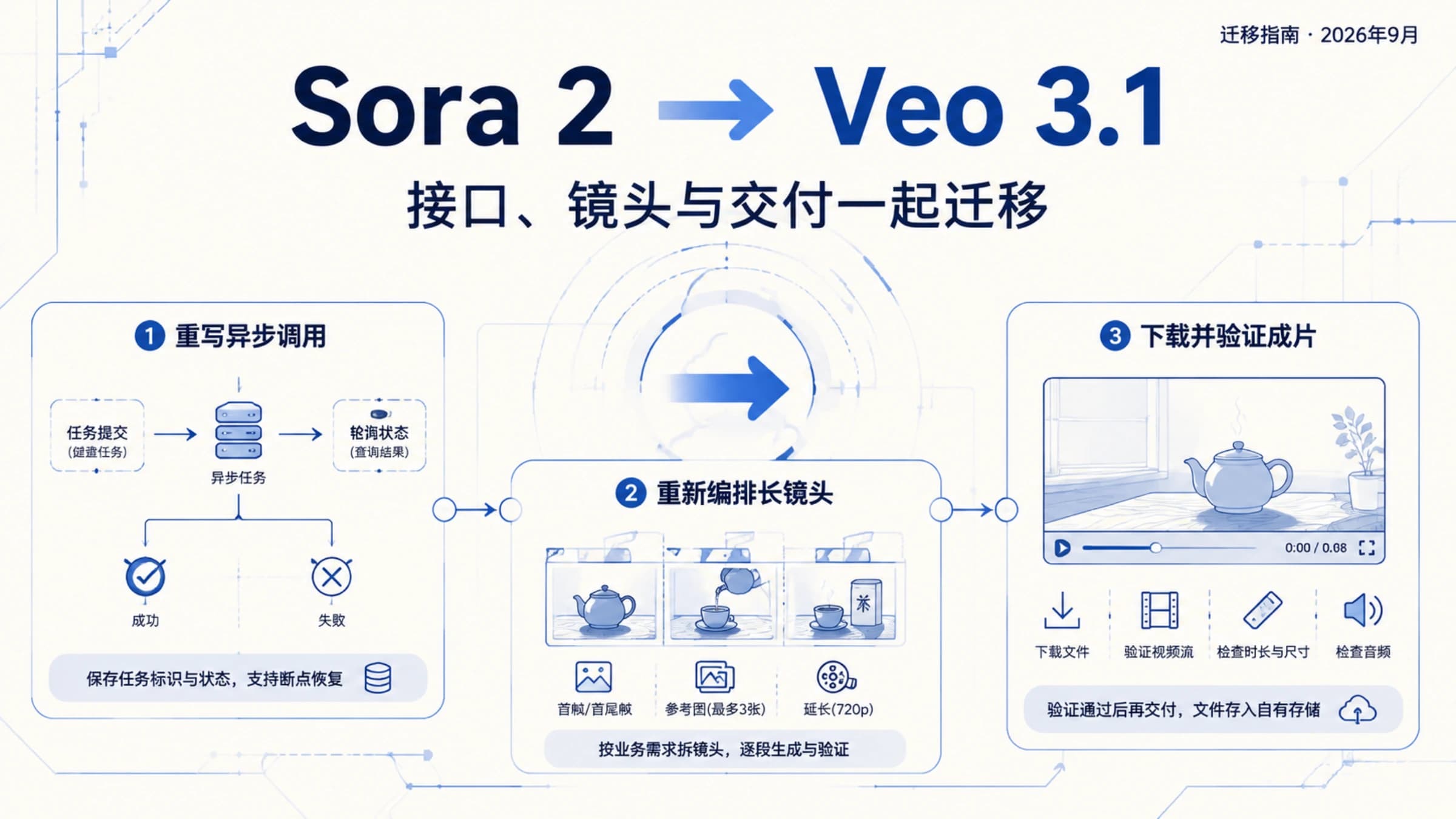Sora 2 迁移到 Veo 3.1 的接口改造、长镜头编排与成片交付示意