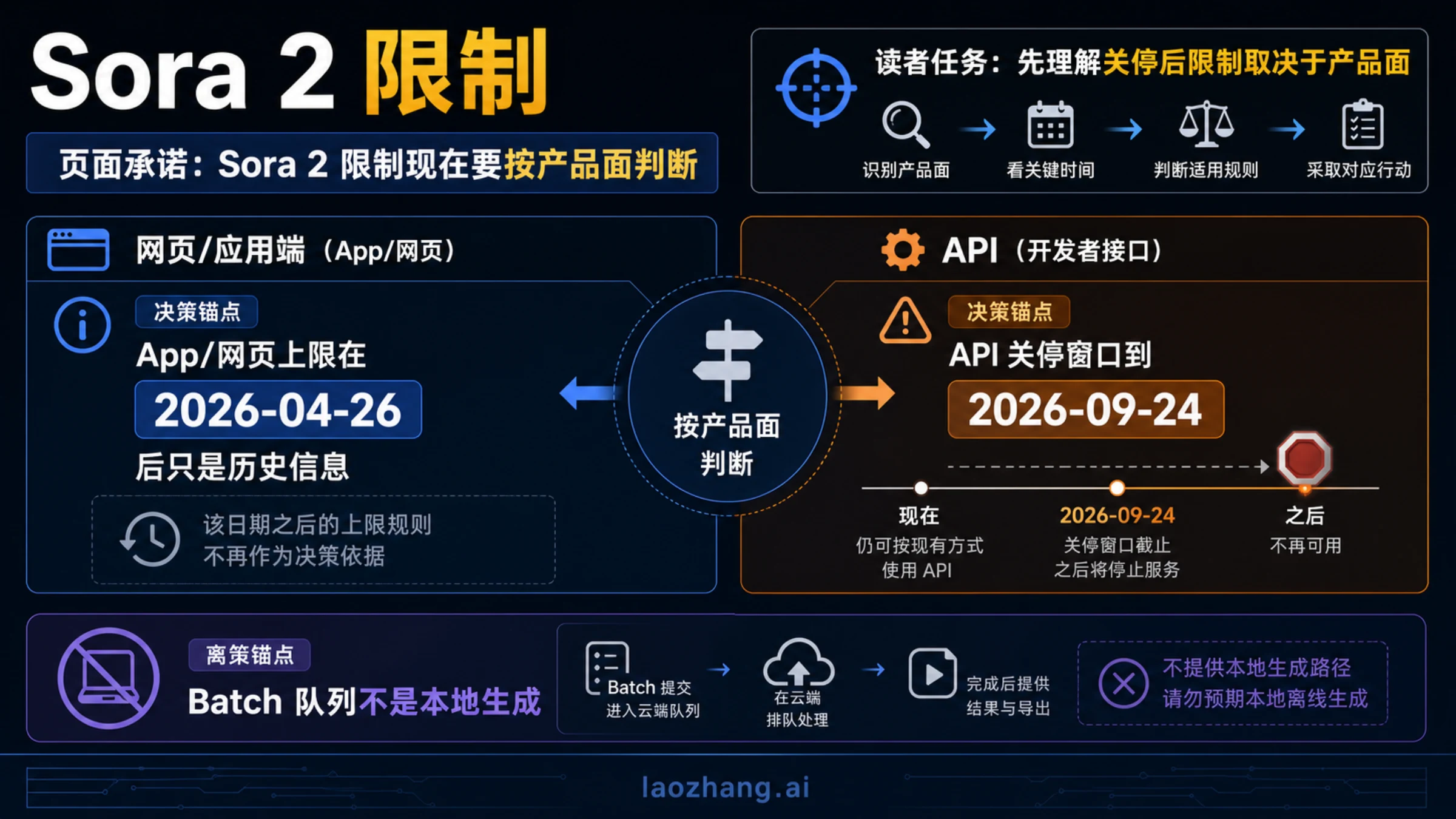 Sora 2 限制信息板,区分历史 App 上限、API 关停窗口、Batch 队列和导出动作