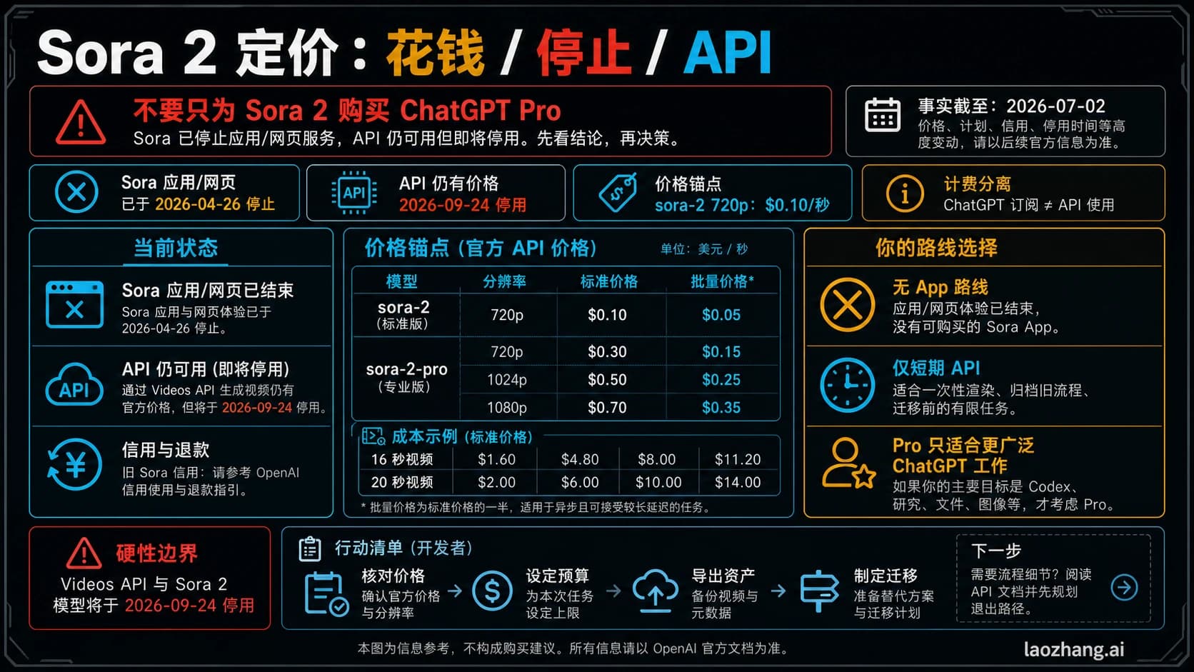 Sora 2 定价路线板,显示 app 下线、API 秒级价格和 ChatGPT Pro 判断