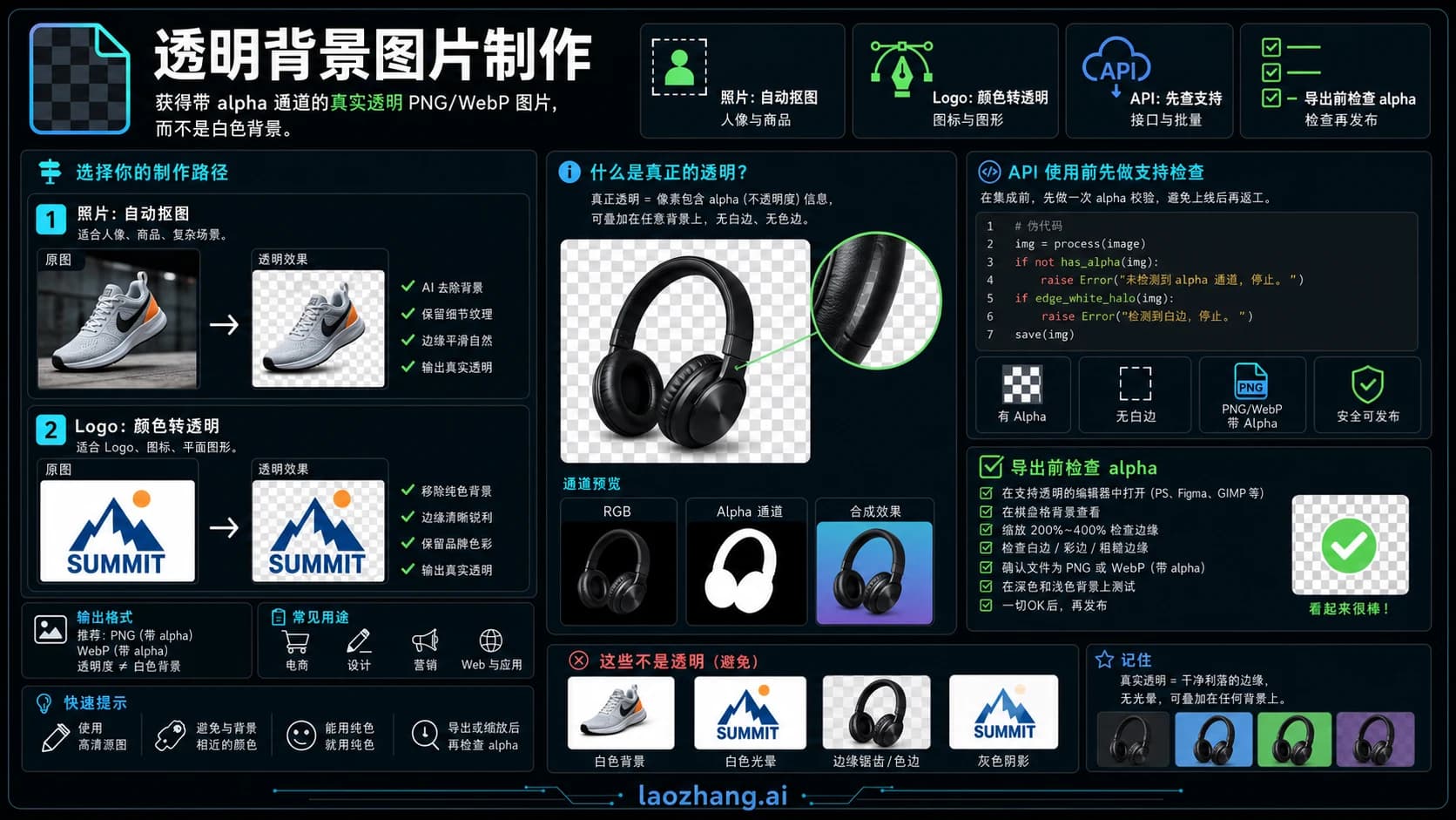 透明背景图片制作路线图,包含自动抠图、颜色转透明、API 停止规则、边缘修复和 PNG 检查。
