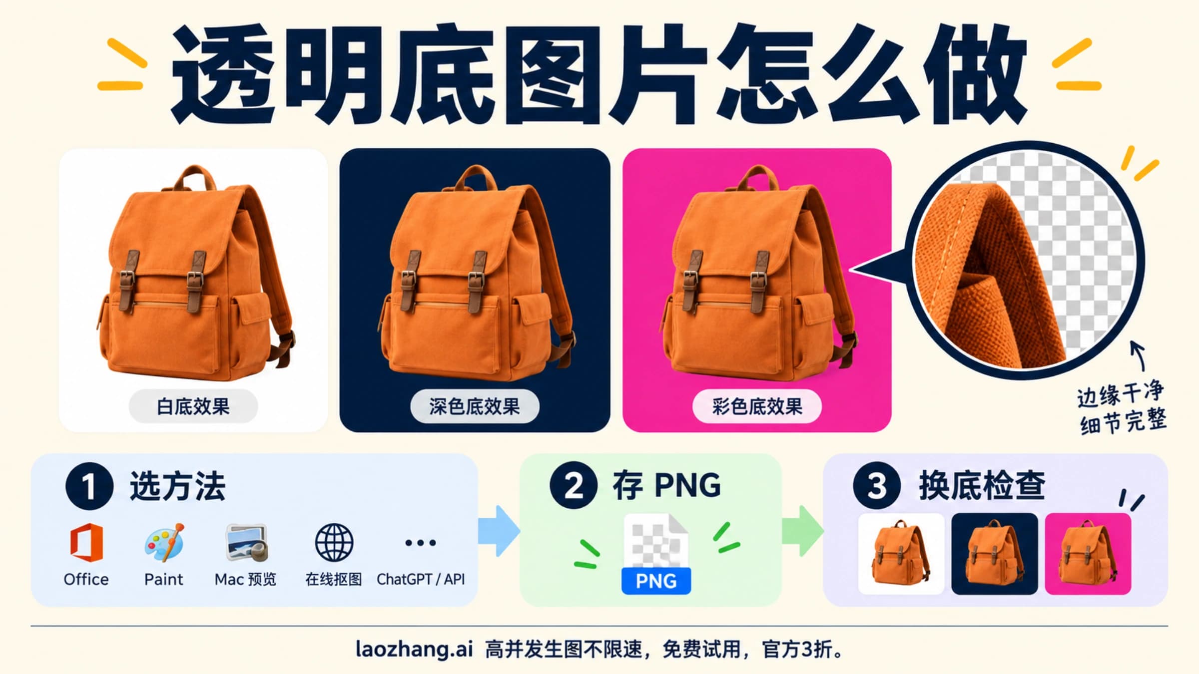 橙色帆布背包分别放在白色、深蓝和玫红底上,放大镜查看背包边缘,标题写着透明背景别只看预览