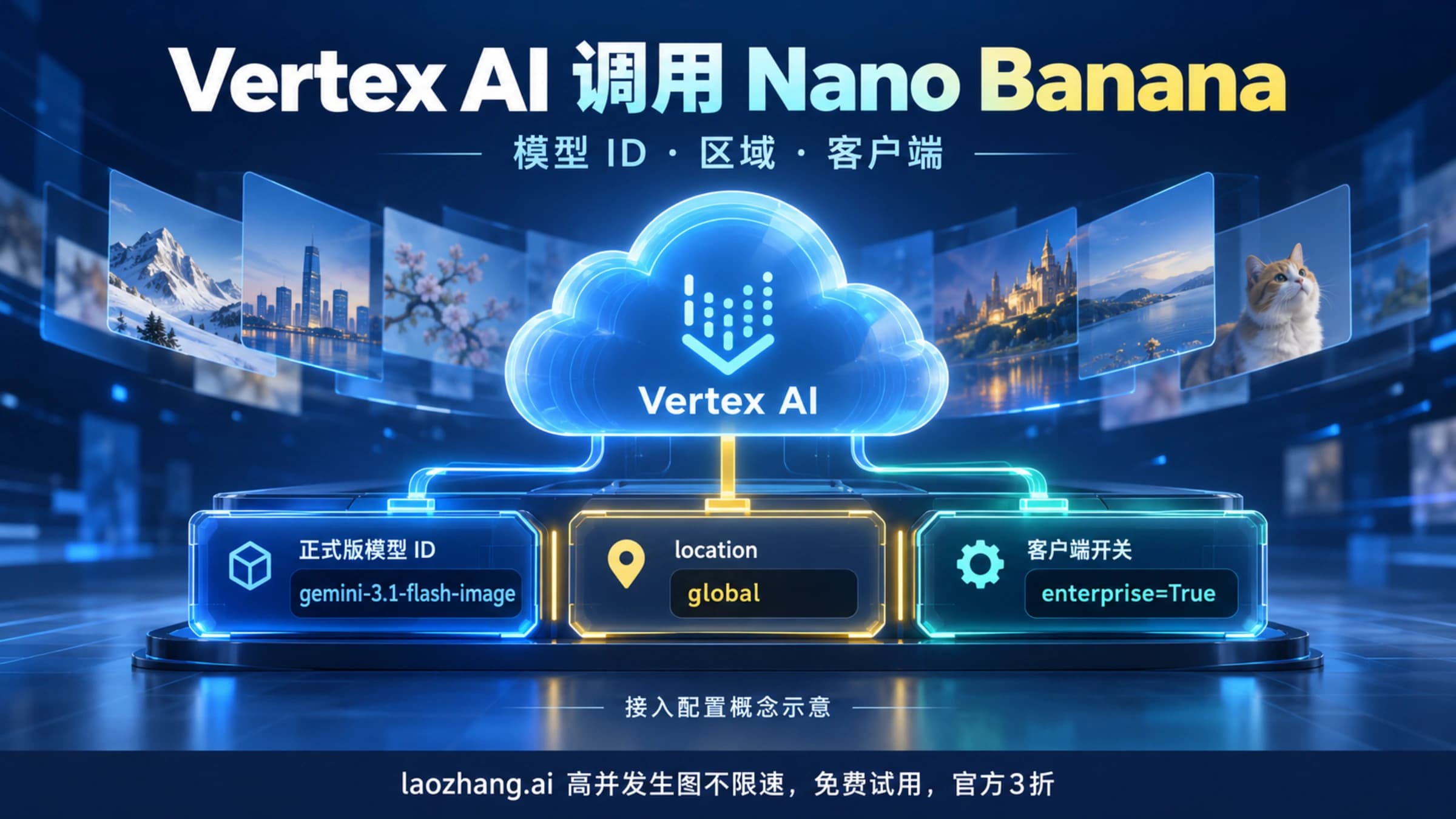 Vertex AI 调用 Nano Banana 要改的三处:正式版模型 ID gemini-3.1-flash-image、location 设为 global、客户端开启 enterprise=True