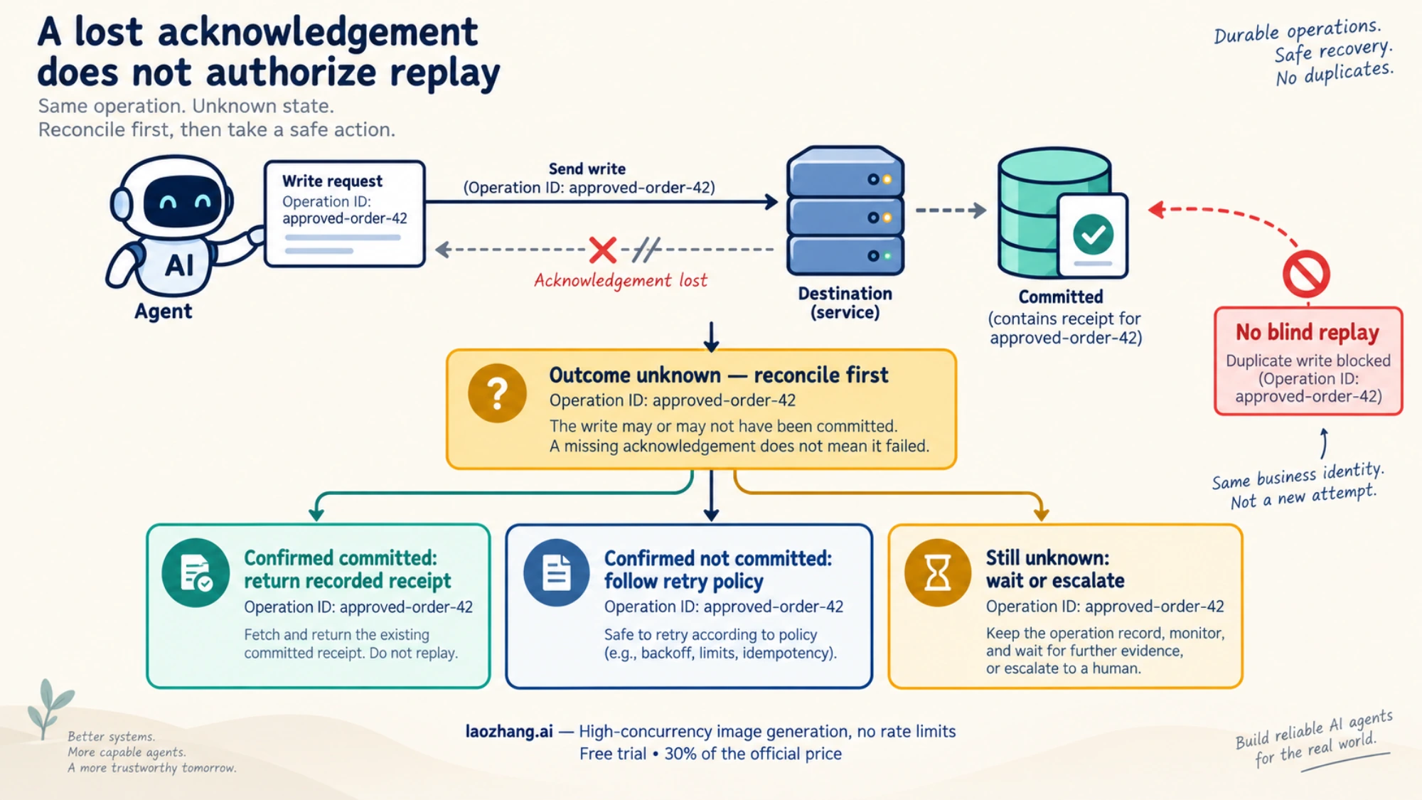 Conceptual recovery paths for a lost write acknowledgement: reconcile the same operation, return a confirmed receipt, follow policy if uncommitted, or keep an unknown outcome blocked.
