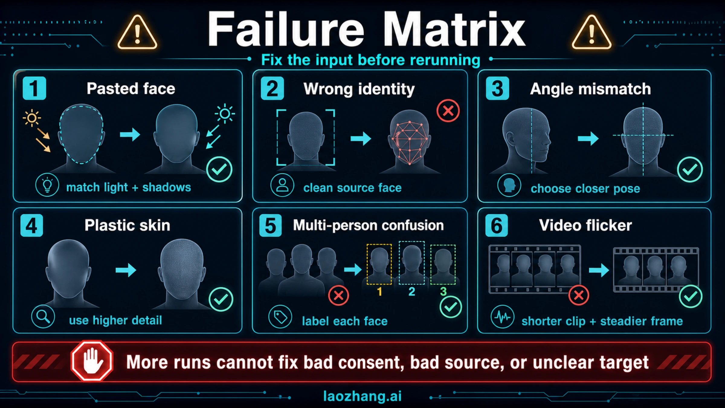 AI face swap failure matrix with fixes