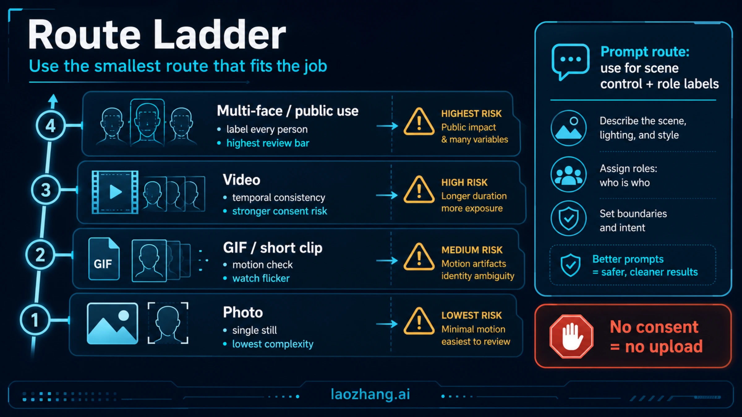 AI face swap route ladder by media type and risk