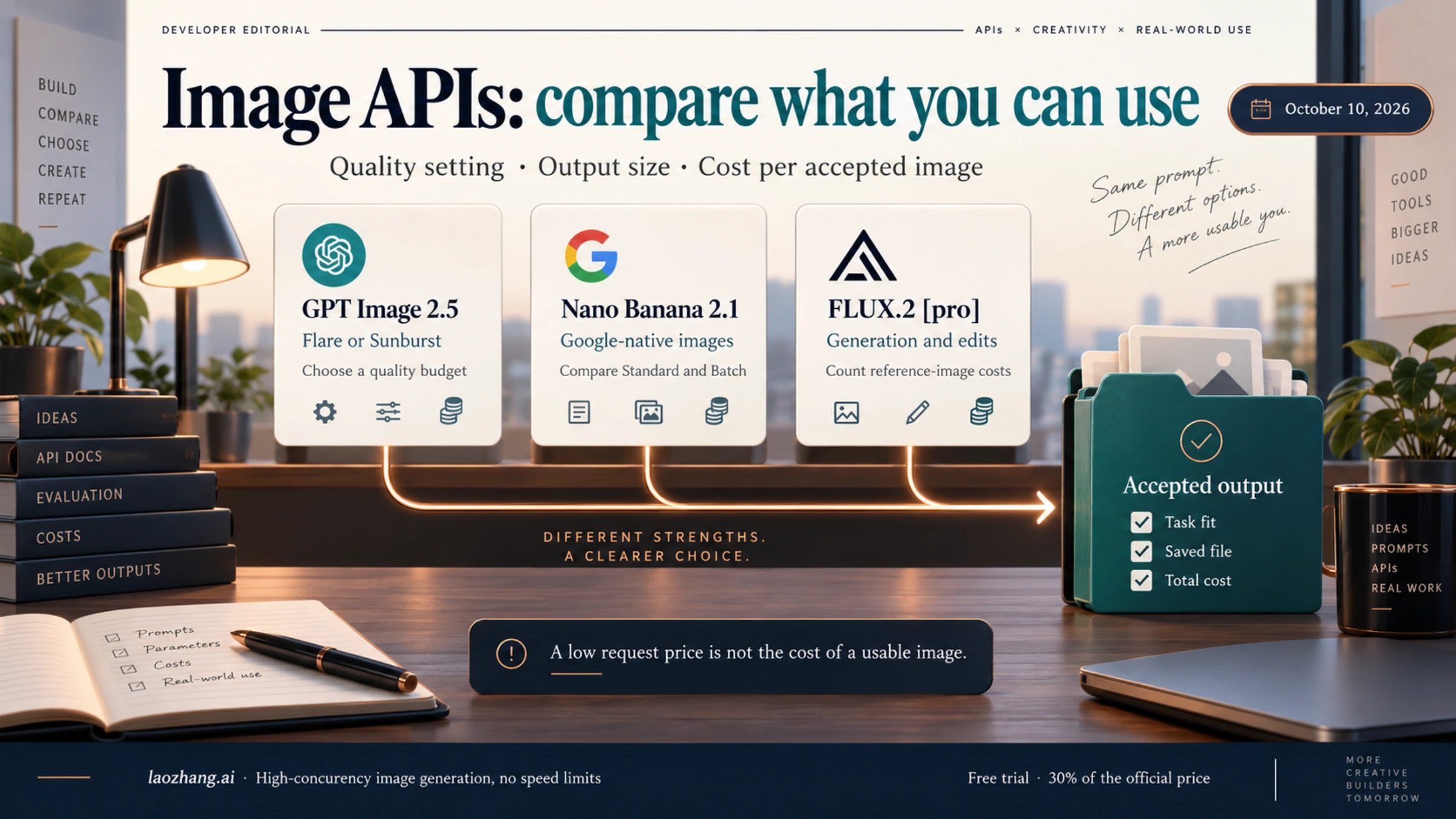 Conceptual image API comparison connecting GPT Image 2.5, Nano Banana 2.1 and FLUX.2 pro choices to task fit, saved files and cost per accepted image.