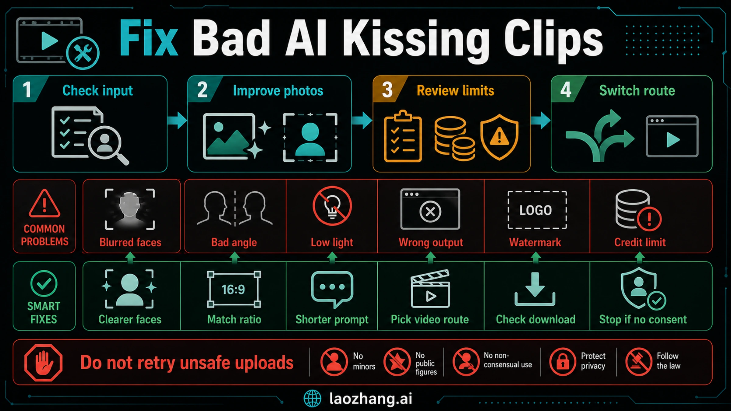 Troubleshooting flow for blurred faces, bad angle, low light, wrong output, watermark, credit limit, and unsafe uploads