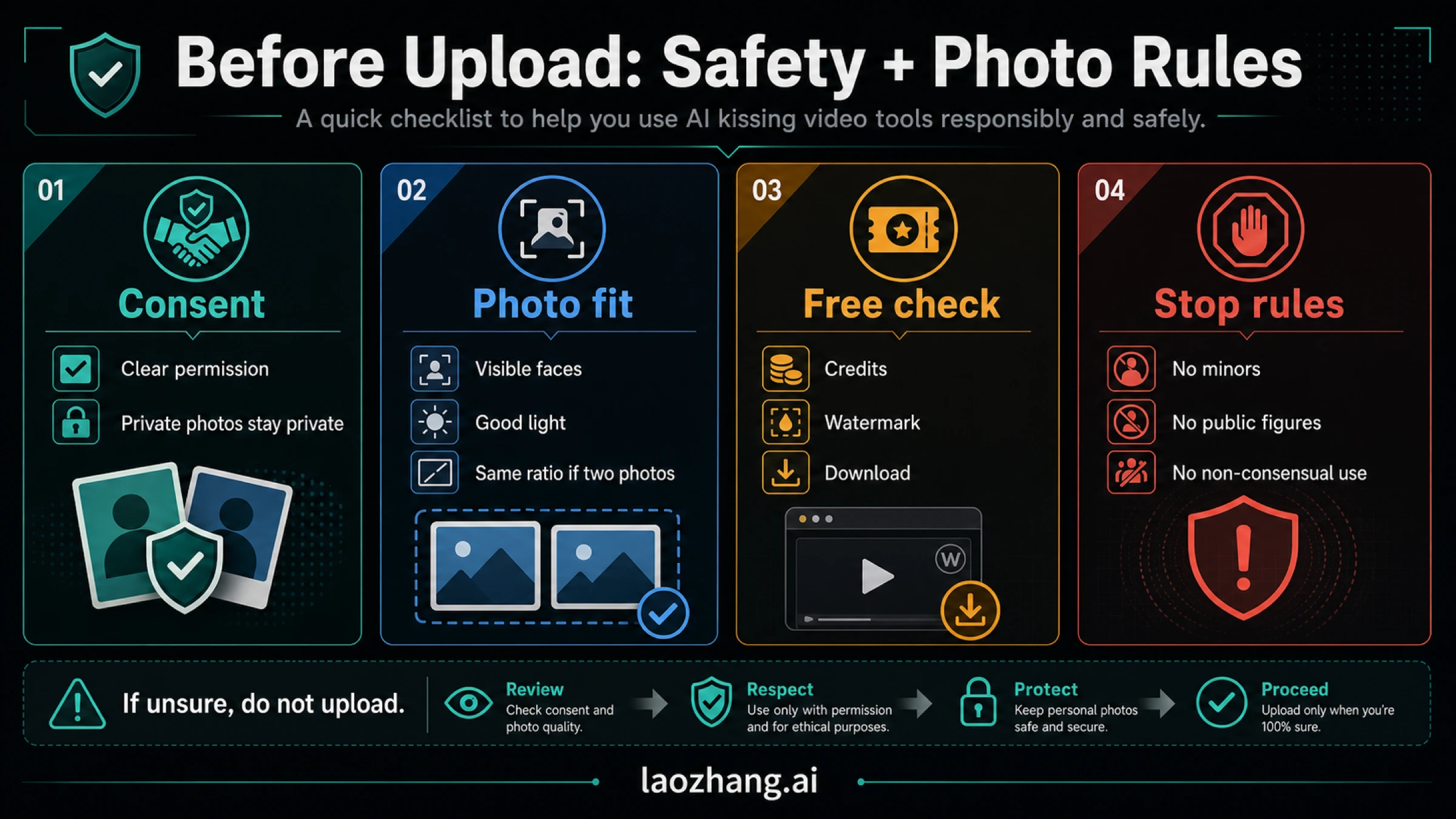 Before-upload checklist covering consent, photo fit, free checks, and stop rules for AI kissing video tools