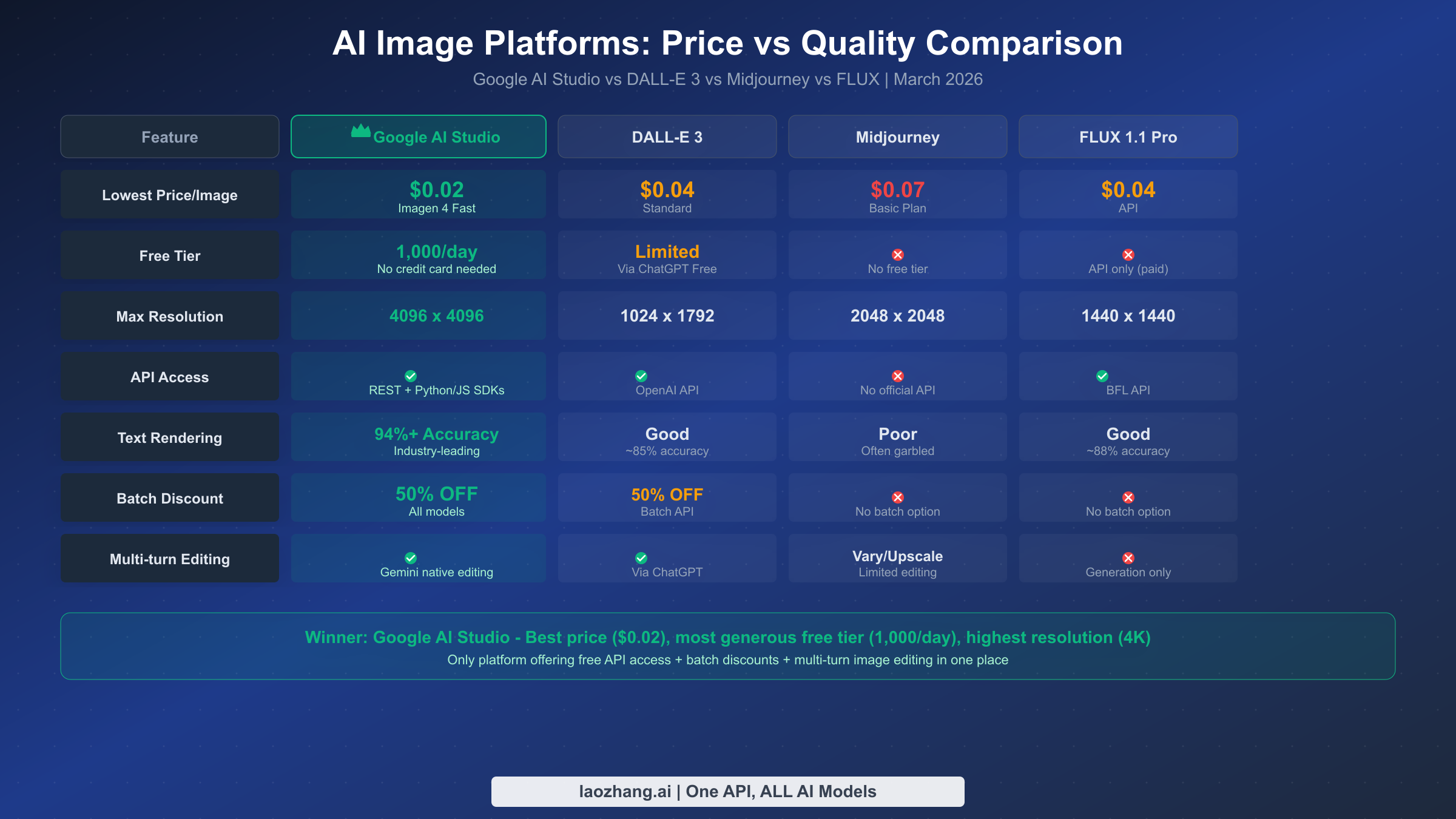 Side-by-side comparison of AI Studio, DALL-E 3, Midjourney, and FLUX across price, free tier, resolution, and features