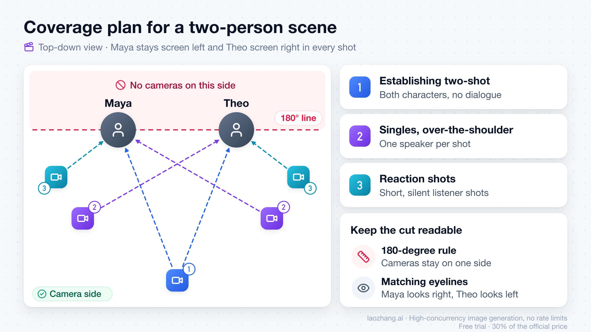 Top-down coverage plan with Maya and Theo on a 180-degree line, an establishing two-shot camera, two single or over-the-shoulder cameras, and two reaction cameras, all on one side