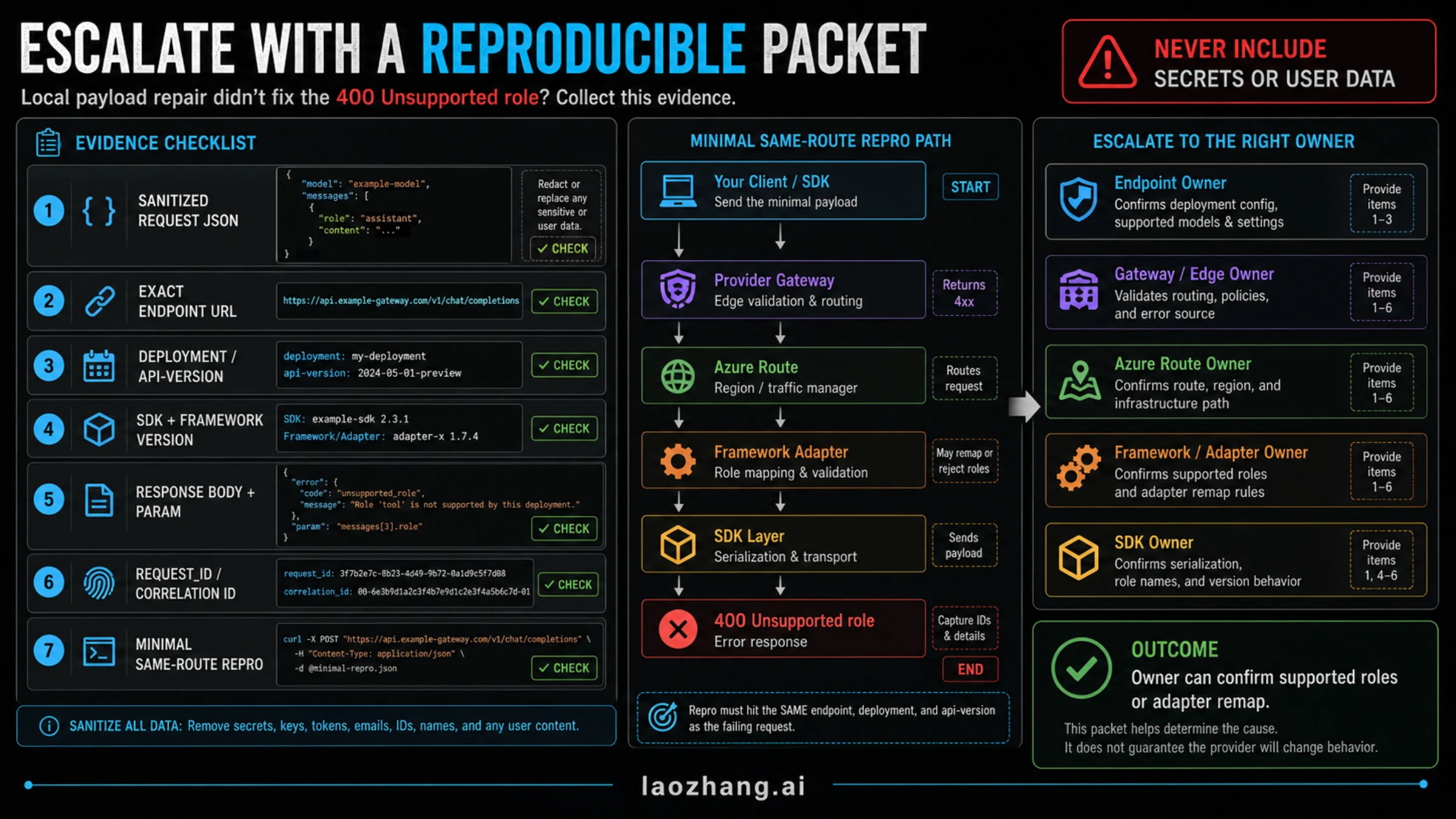 Evidence checklist for escalating an unsupported role error with a same-route repro