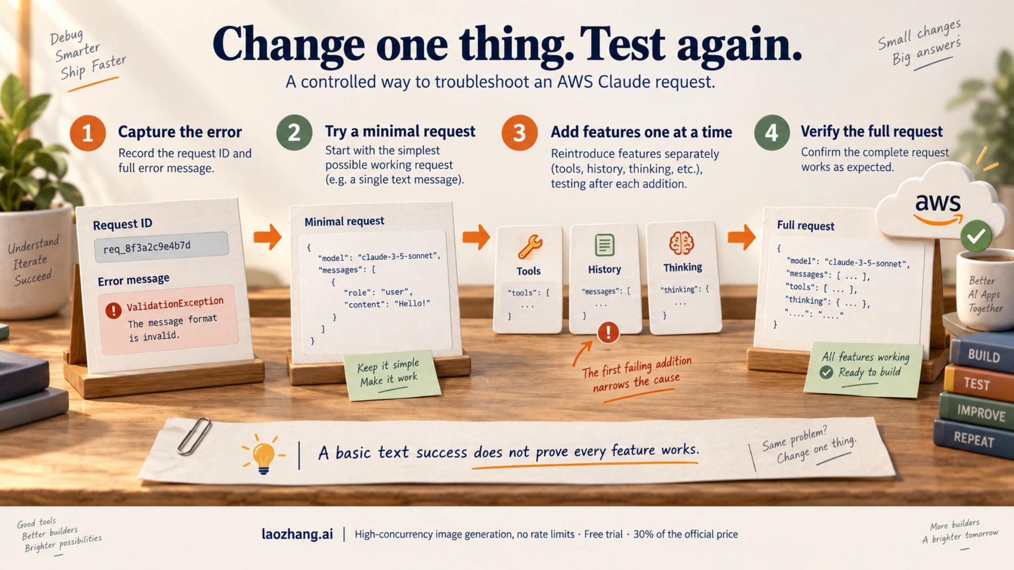 A controlled troubleshooting sequence: capture the error, try a minimal request, add features individually, and verify the full request.