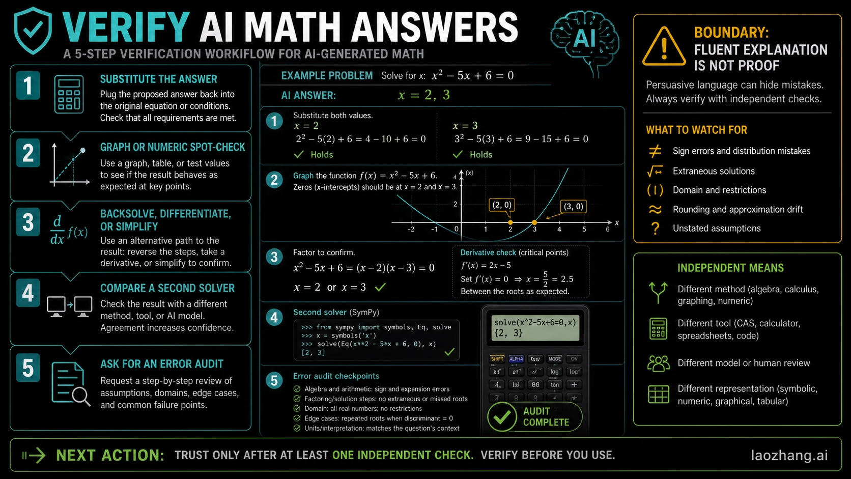 Five-step checklist for verifying AI math answers before trusting them.