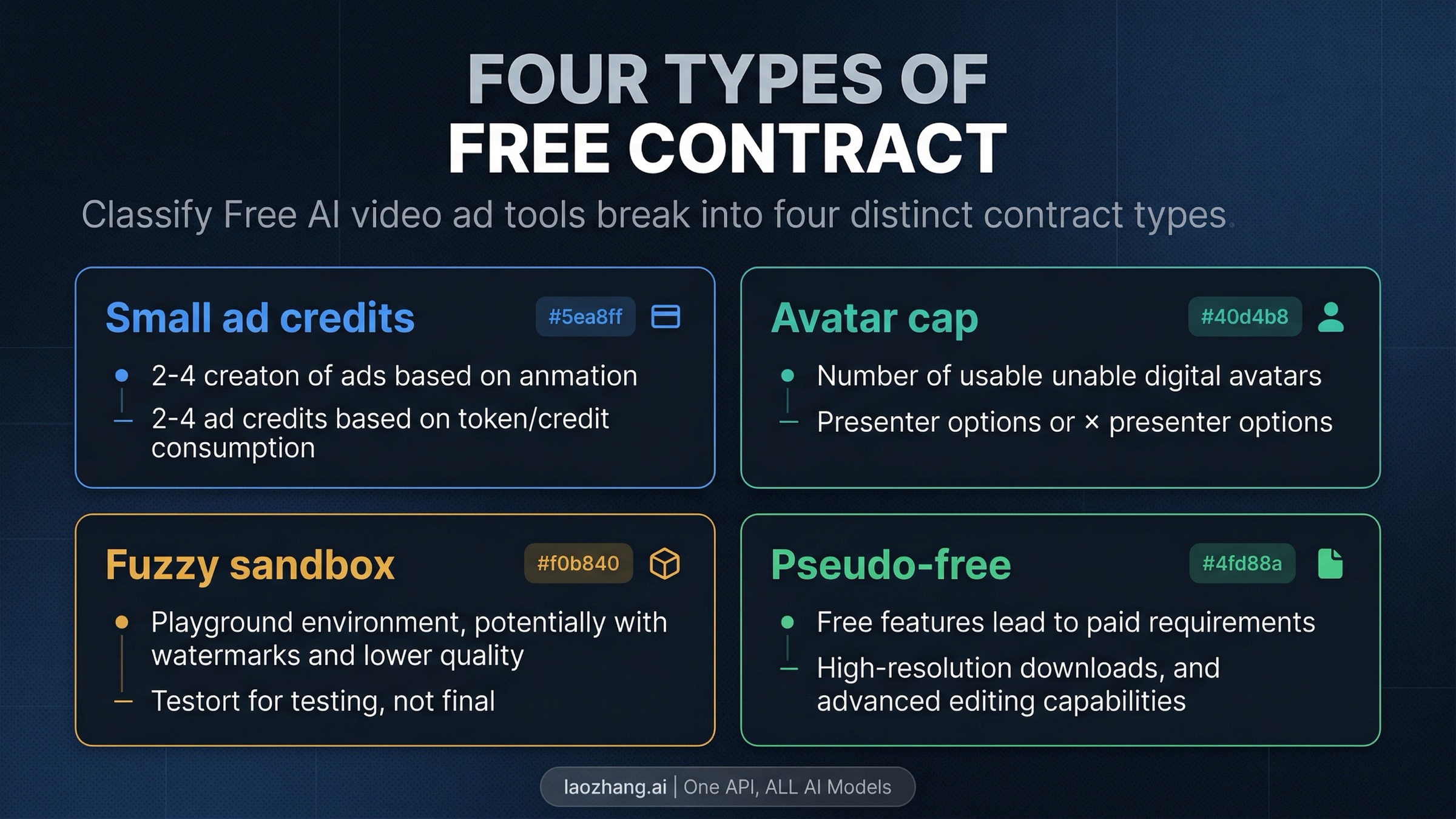 Contract taxonomy board separating small real free ad-generation routes, broad free sandboxes with unclear math, and mixed free plans that still fence off generative features