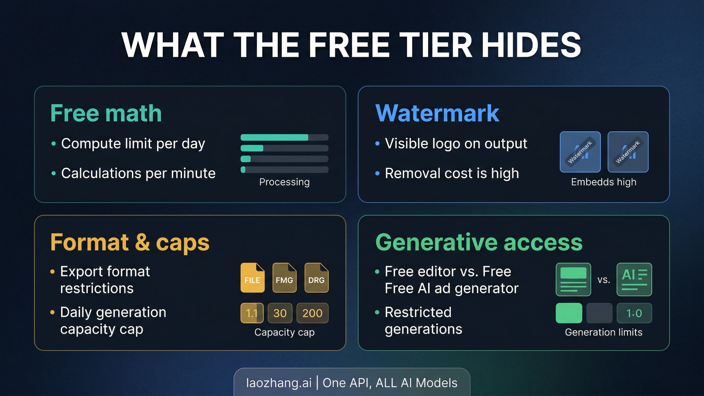 Comparison board exposing the hidden catches behind free AI video ad tools, including watermarks, vague output math, workflow lock-in, and blocked generative access