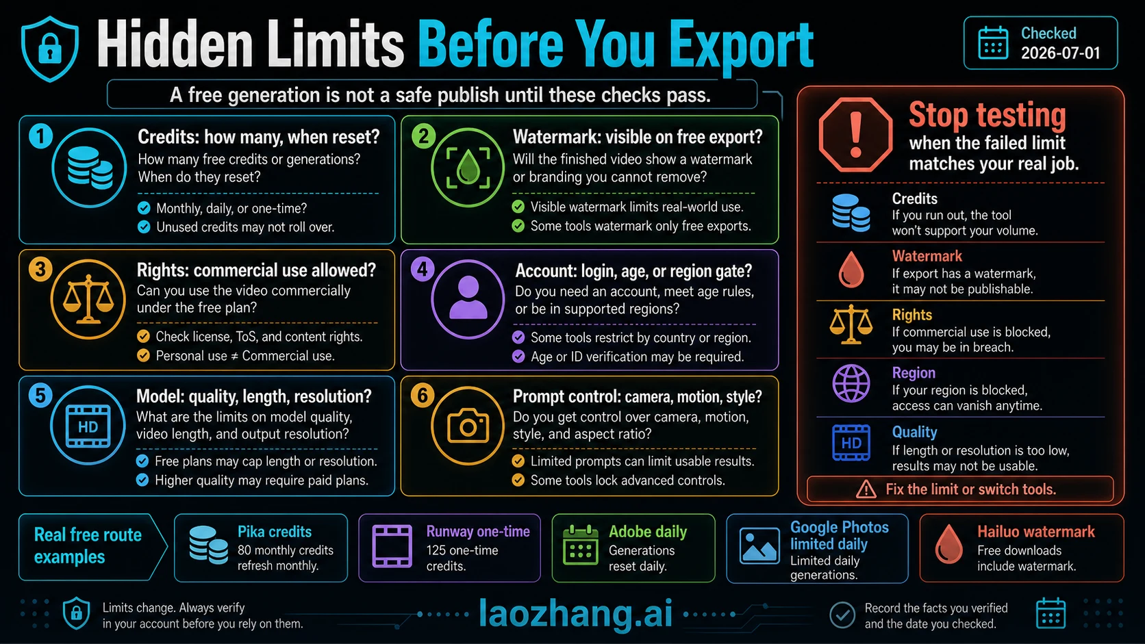 Checklist for hidden limits before exporting from free image-to-video AI tools, including credits, watermark, rights, account gates, model quality, and prompt controls