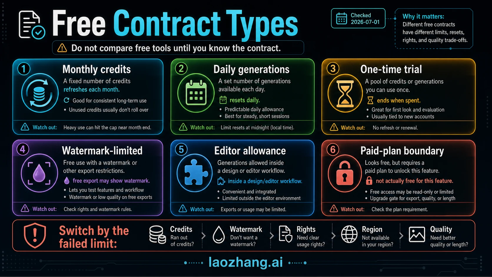 Free contract taxonomy for image-to-video AI showing monthly credits, daily generations, one-time trials, watermark limits, editor allowances, and paid-plan boundaries