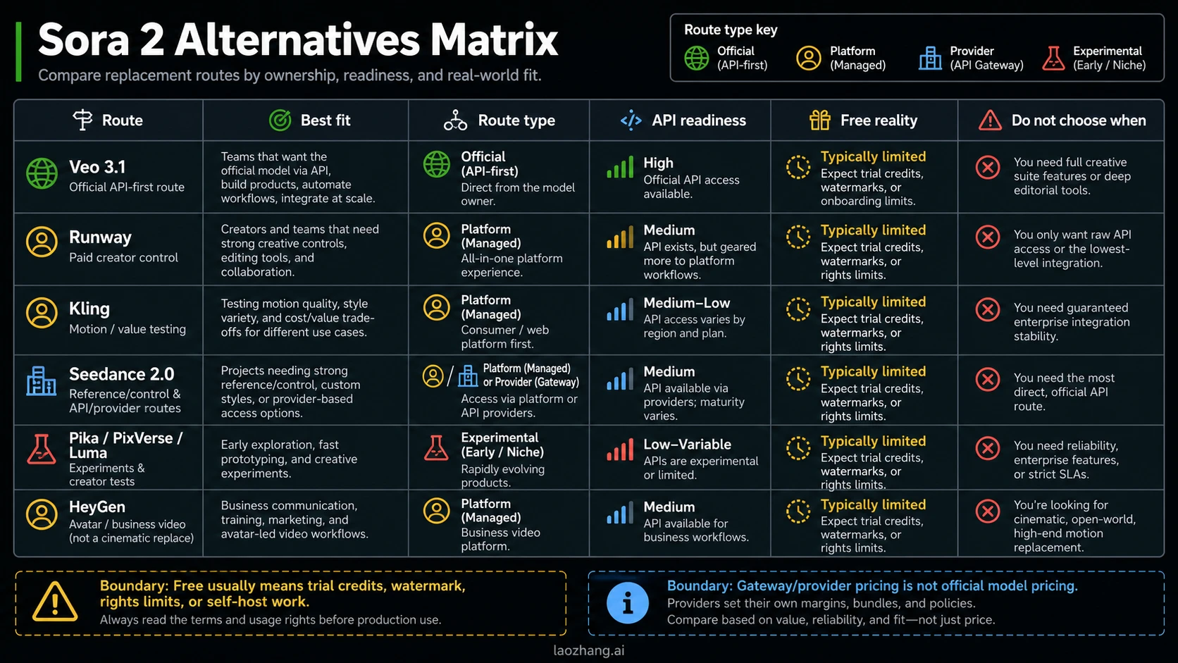 Sora 2 alternatives matrix comparing fit, route type, API readiness, free reality, and stop rules