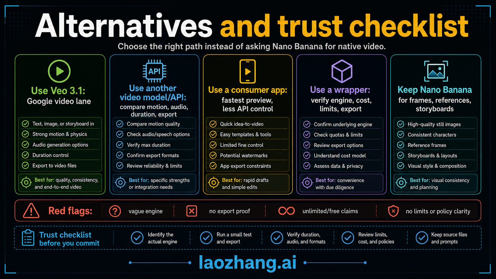 Alternatives and trust checklist for choosing Veo, another video model, an app, a wrapper, or Nano Banana frames