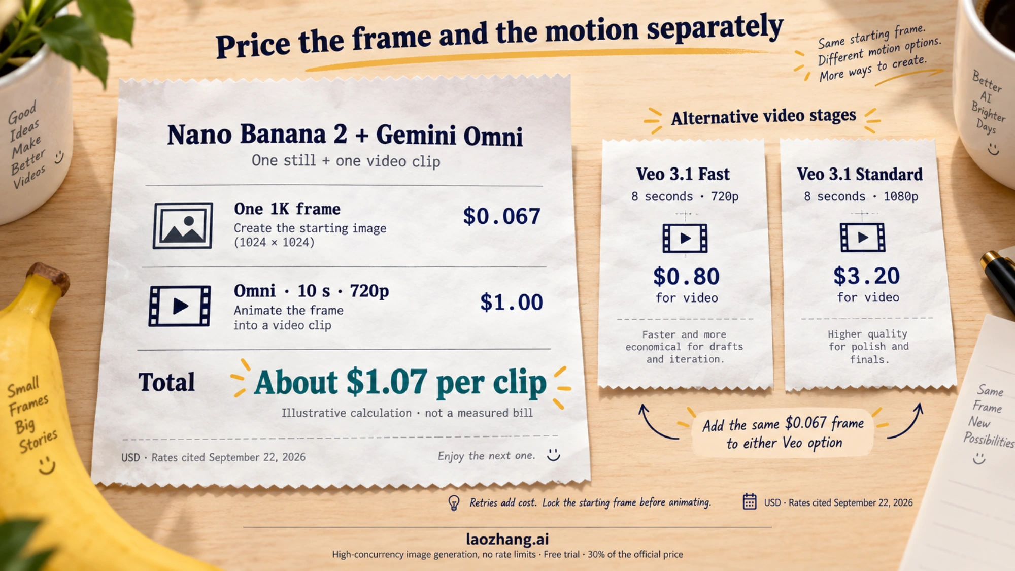 Receipt-style cost breakdown for one clip: Nano Banana 2 frame $0.067 plus 10 seconds of Gemini Omni at 720p $1.00, total about $1.07, compared with Veo 3.1 Fast $0.80 and Standard $3.20 for 8 seconds