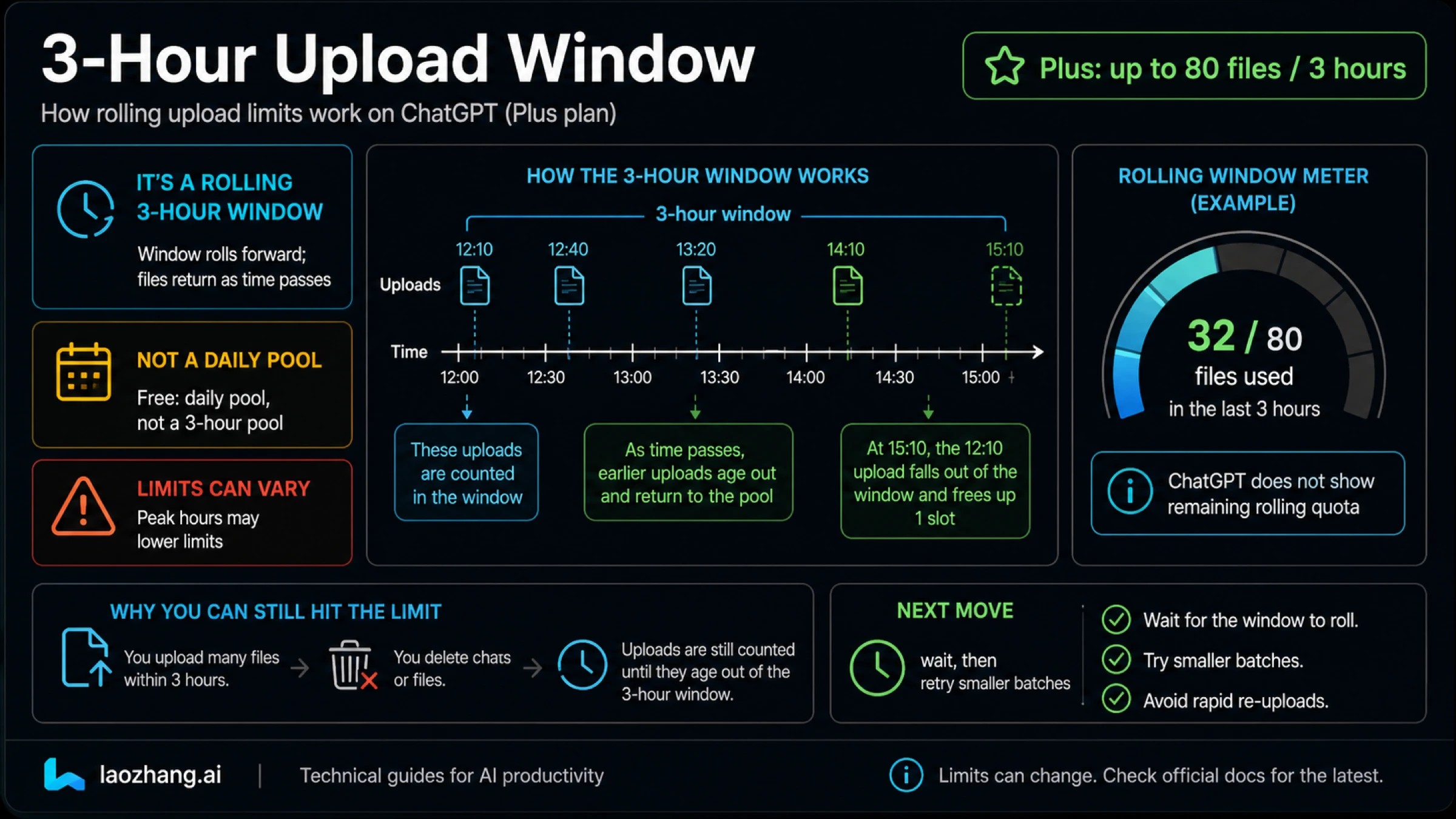 Three-hour rolling upload window for ChatGPT Plus