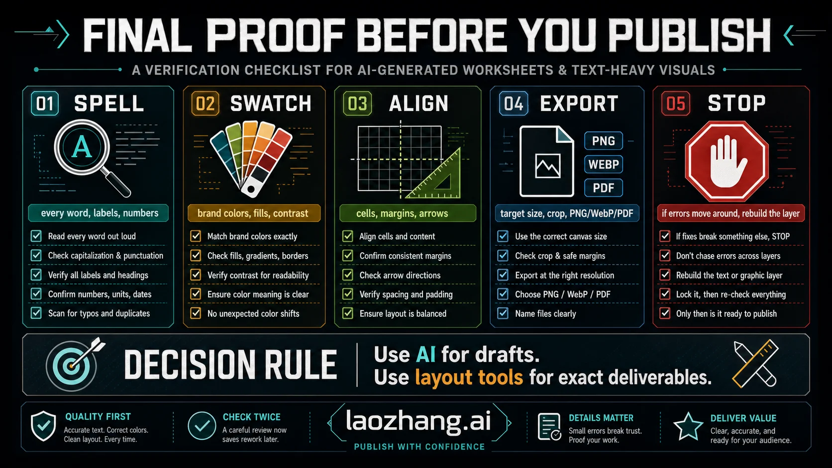 Final proof checklist for AI-generated worksheet images before publishing.