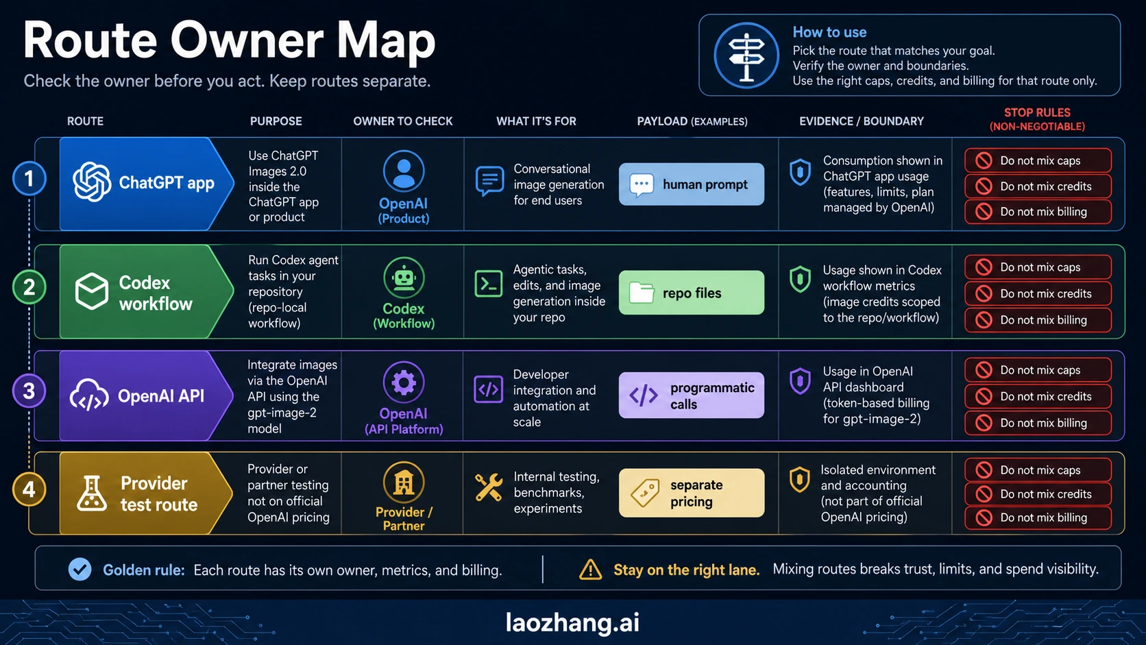 Route owner map separating ChatGPT app, Codex workflow, OpenAI API, and provider test route ownership