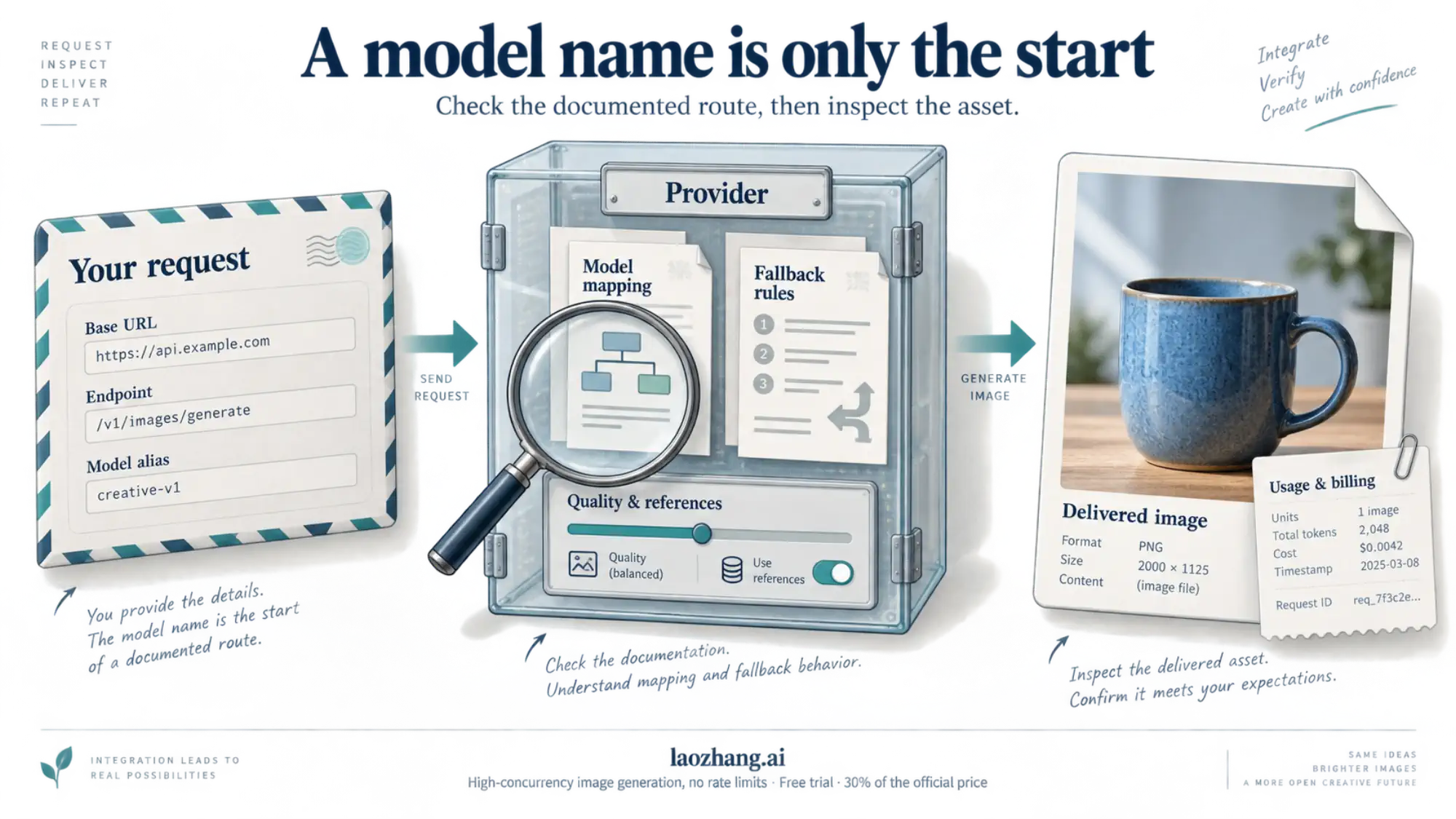 Illustration showing a request, provider mapping and fallback checks, and the delivered image with a billing receipt