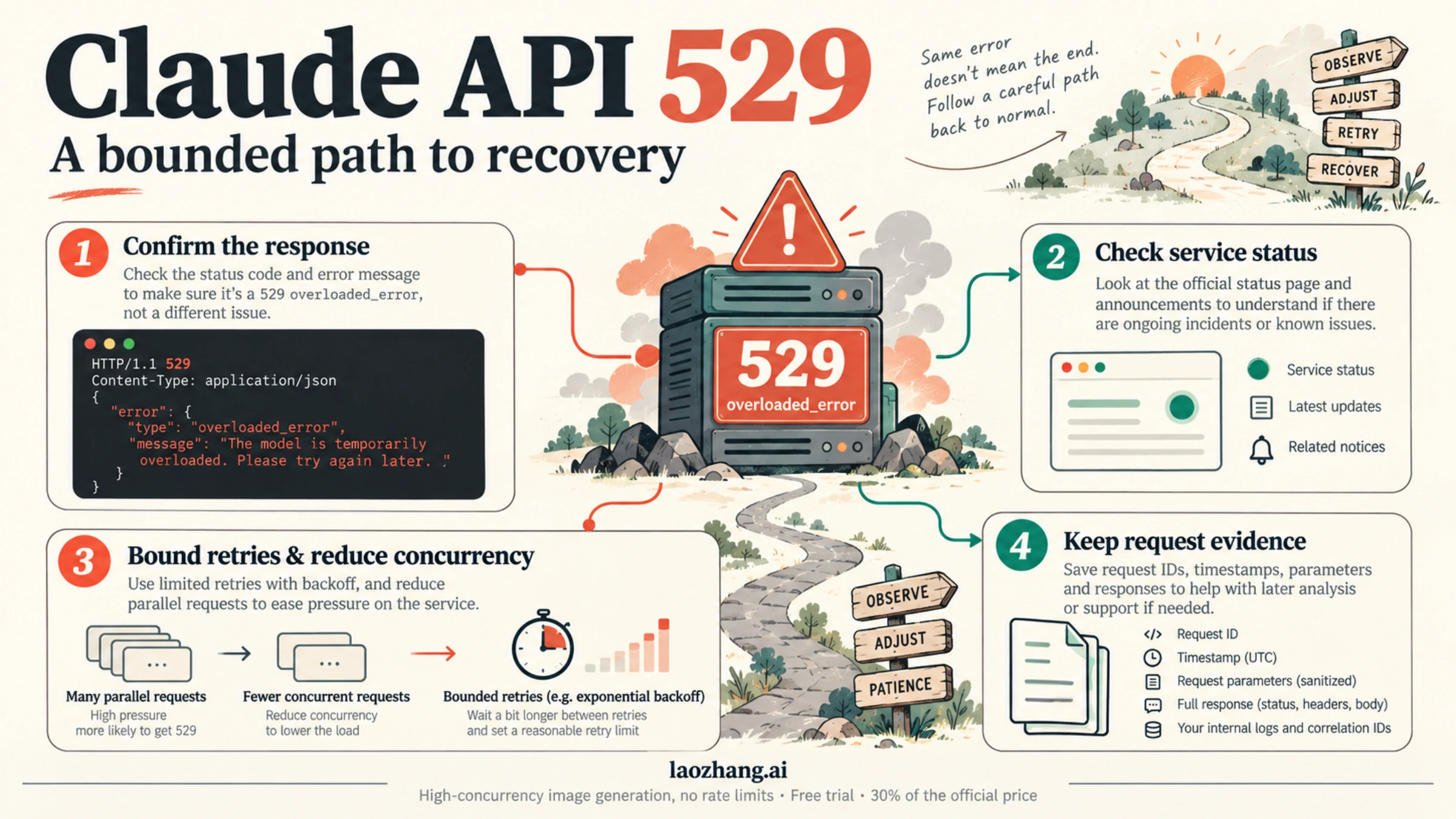 Claude API 529 overload recovery diagram with status checks, bounded retries, pressure reduction, and request evidence