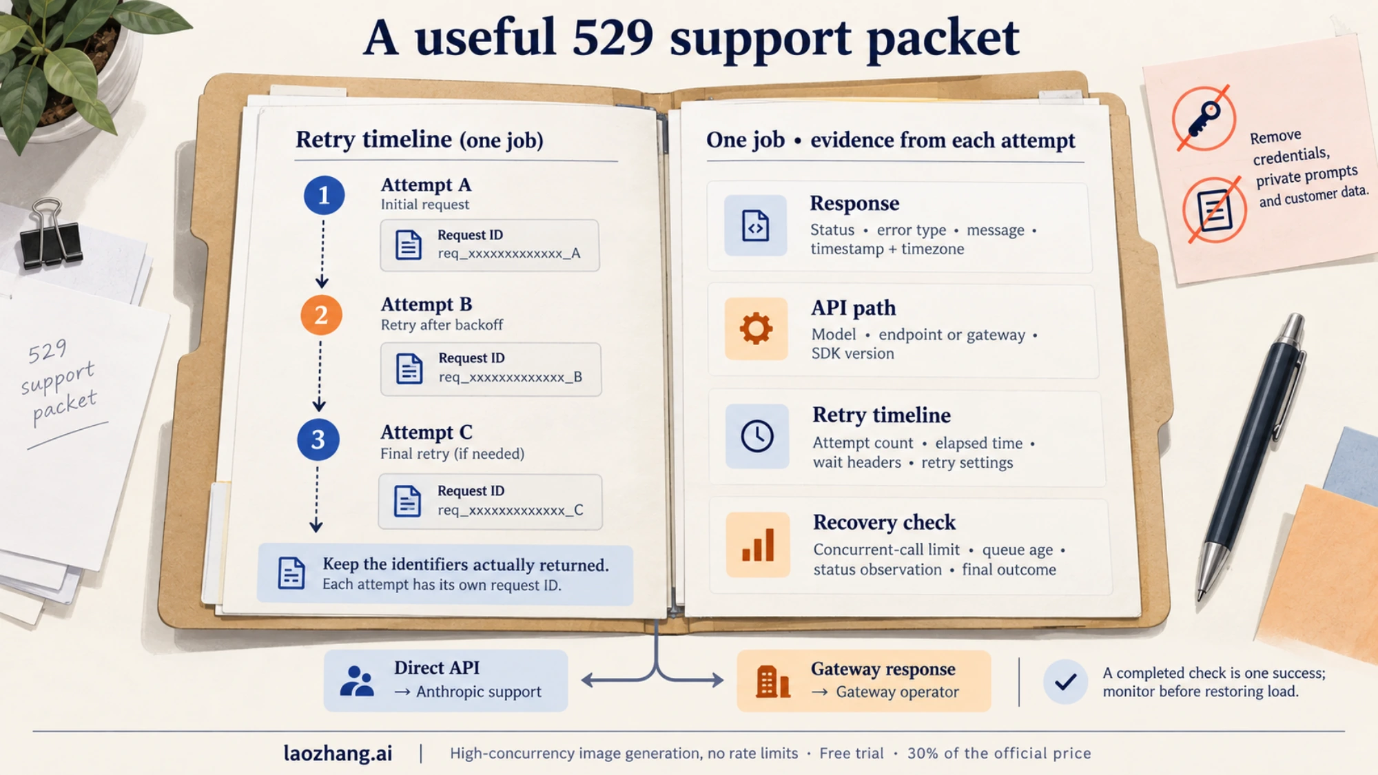 Request identifiers, retry timeline, model and endpoint details for support