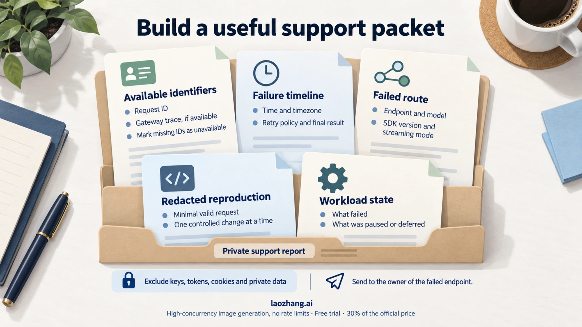 Support packet with available identifiers, timeline, route, redacted reproduction and paused workload