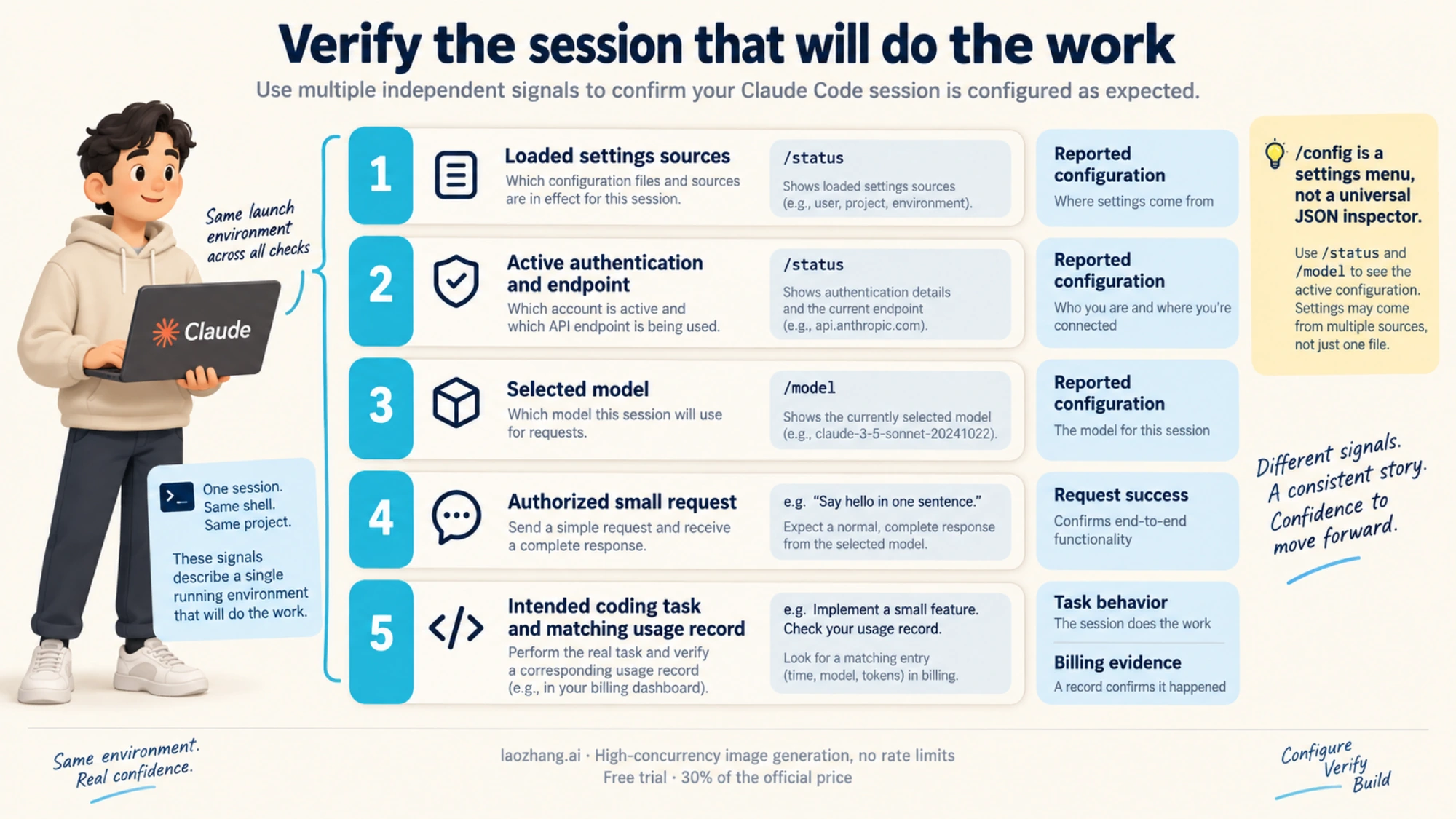 Claude Code verification moves from reported session configuration to a real request, intended tools, and account usage.
