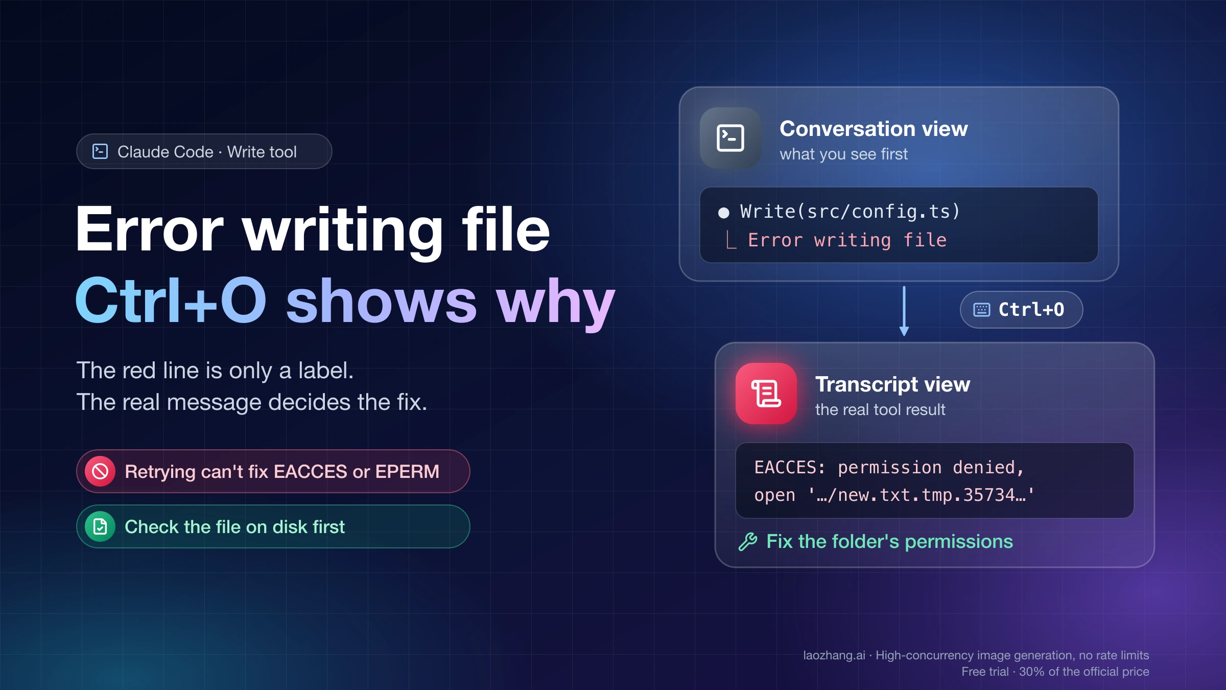 Claude Code's short Error writing file line in the conversation view, and the full EACCES message that Ctrl+O shows in the transcript view